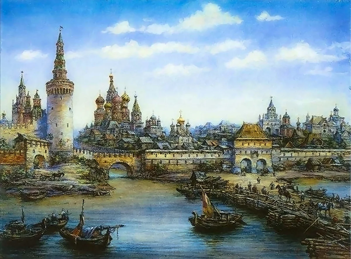 При каком правителе был построен китай город. Китай город 17 век. Китай-город в Москве 16 век. Васнецов Всехсвятский каменный мост.
