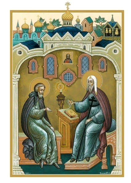 Икона «Митрополит Алексий и преподобный Сергий Радонежский». 
Согласно традиционной легенде, митрополит Московский и всея Руси Алексий, чувствуя приближение своей кончины, призвал к себе игумена Сергия и объявил, что намерен посвятить его в сан епископа, чтобы сделать своим преемником. Старец Сергий якобы отказался со смирением от своего назначения.
Как мы теперь понимаем, то была беседа двух родных братьев. Старший брат Стефан = Алексий, несмотря на преклонный возраст, и не думал умирать. Наоборот, он собирался отбыть в отсталые западные страны, в Пермь Великую = современную Германию, чтобы просвещать истинной верой христовой тамошних дикарей. Святитель Стефан Пермский – это как раз последняя часть расклейки реального Стефана Радонежского, относящаяся к периоду его жизни, когда он просвещал европейских «пермцев» верой в своего земляка, ростовского князя Андрея-Христа, возведённого в Залесской Руси в ранг богочеловека.