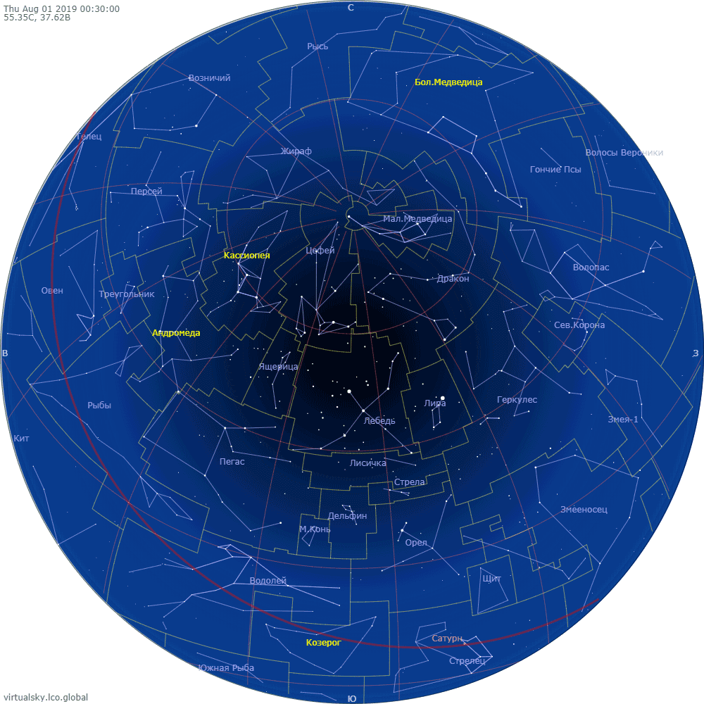Звездное небо над Москвой в полночь 1 августа 2019 года