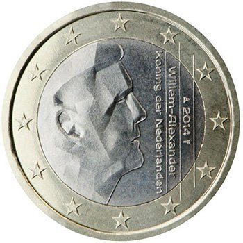 
1 евро 2014 года, Нидерланды. Изображен в профиль король Виллем-Александр. Данный аверс используется с 2014 г.