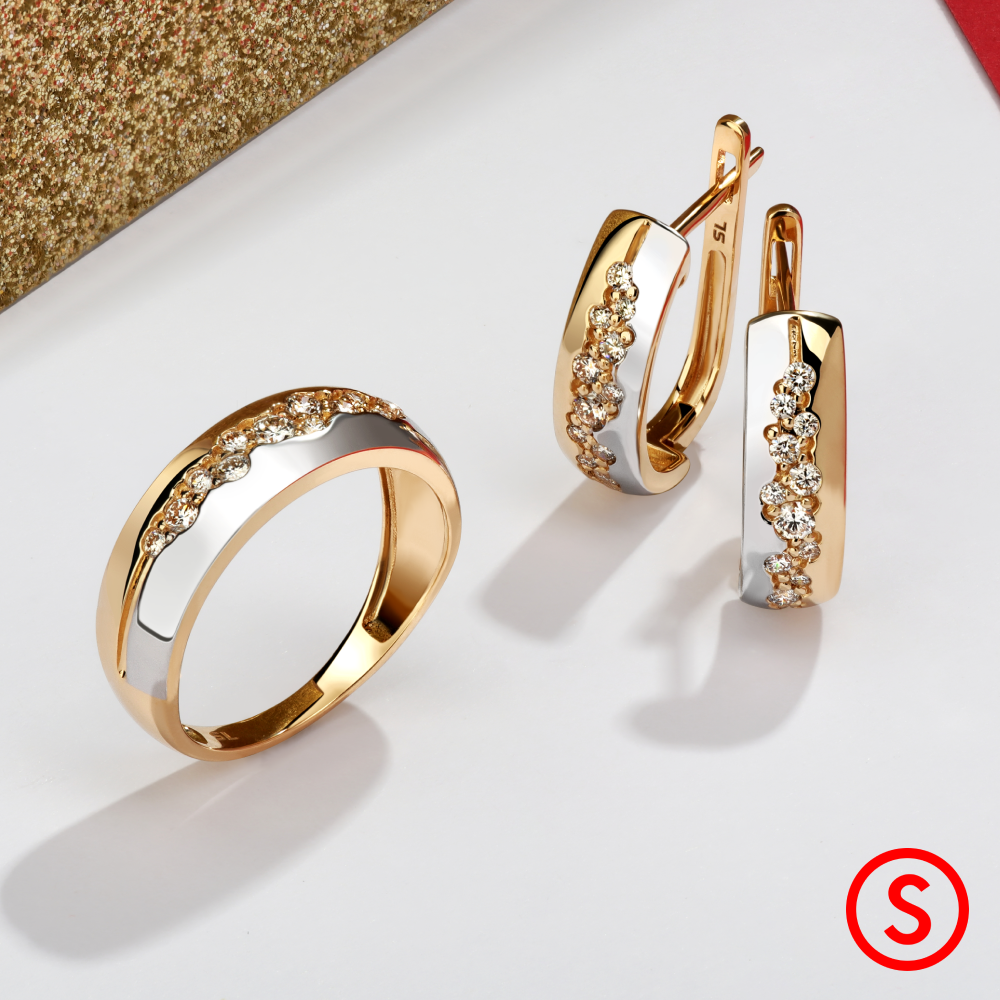 Золотое кольцо и серьги с бриллиантами, арт. 100409;  и арт. 99736