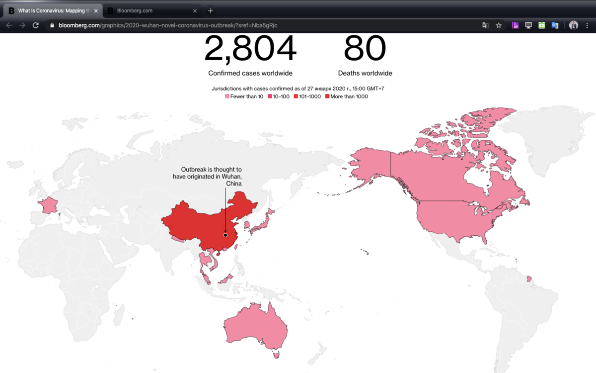 Интерактивная карта распространения вируса  Источник: Bloomberg