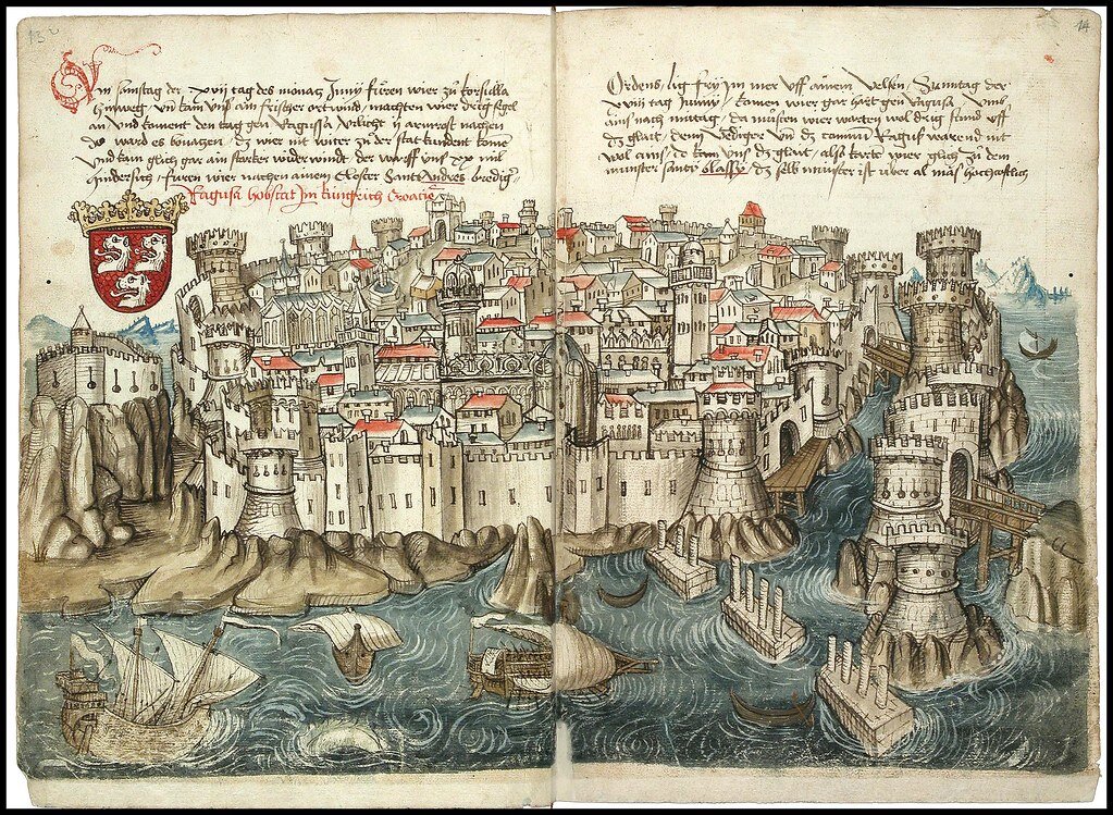 Рагуза в XV веке. из "Описания путешествия из Констанца в Иерусалим" Конрада фон Грюнеберга, Cod. St. Peter pap. 32. Wikimedia Commons