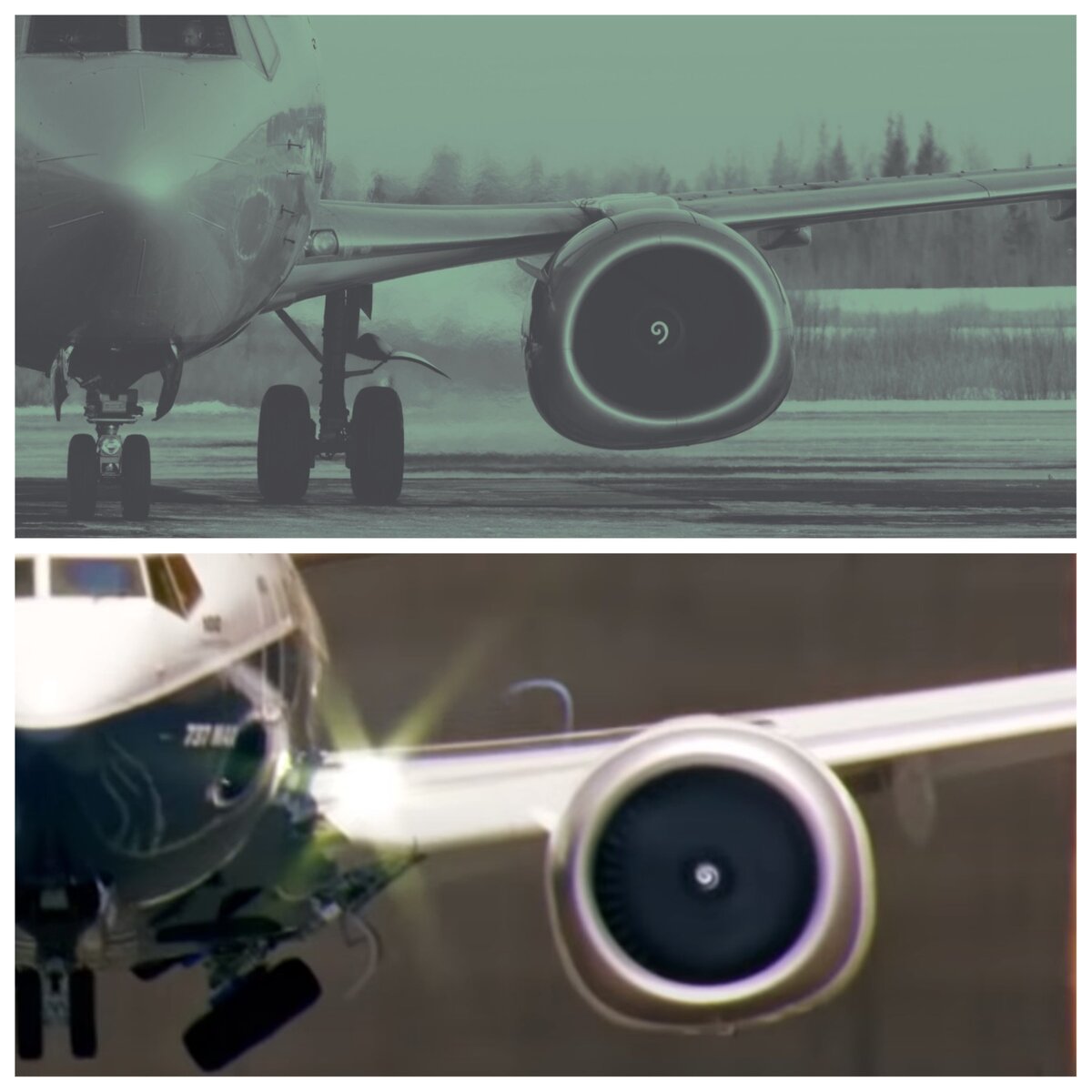 Вверху Boeing-737 NG, внизу Boeing-737 MAX. Отчетливо видно, что двигатель на Boeing-737 MAX располагается существенно относительно выше крыла. Фото с канала корпорации Boeing на youtube.com