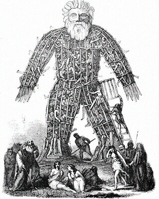 Цезарь описывал в своих трудах ритуал сжигания огромной клетки в виде человека с пленными внутри