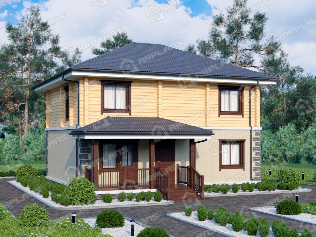 Фото 1 двухэтажного комбинированного дома из газобетона и дерева (бруса) с 4 спальнями и террасой. Источник arplans.ru Проект А-035