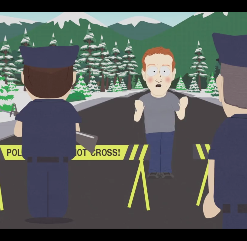 Скриншот из мультсериала South Park, 21 сезон 4 серия. Жители не пускают Марка Цукерберга в город, чтобы защитить свою частную жизнь. 