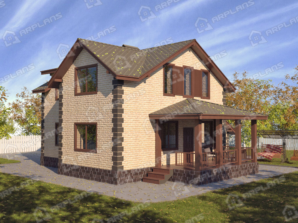 Фото 2 двухэтажного дома из газобетона с мансардой, 3 спальнями, гостевой, газовой котельной, гаражом и террасой. Общая площадь 190 кв м. Источник arplans.ru Проект К-080