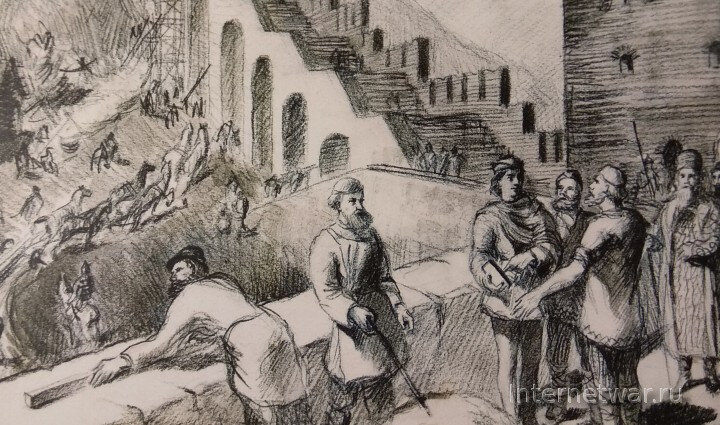 Петр Фрязин на строительстве Нижегородского кремля. Рисунок С.Л. Агафонова.