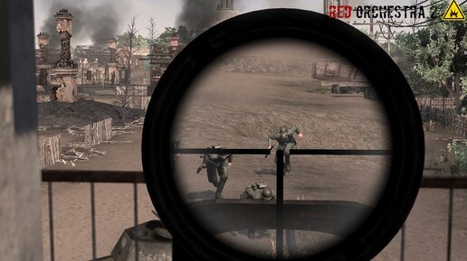 вид от первого лица в шутере, прицел наведен на противника