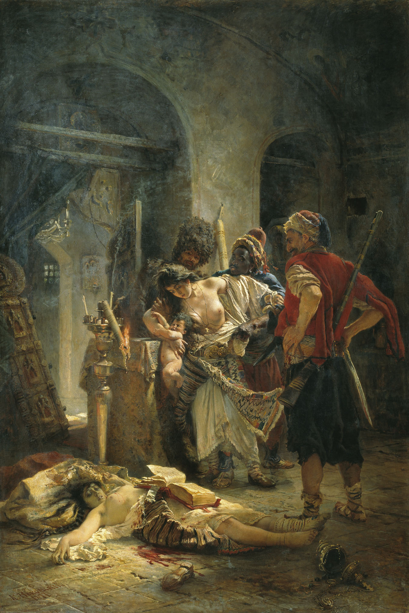 Маковский Константин. Болгарские мученицы. Художник отразил в картине сообщения о насилии и резне, устроенной турецкими башибузуками при подавлении болгарского Апрельского восстания 1876-го года