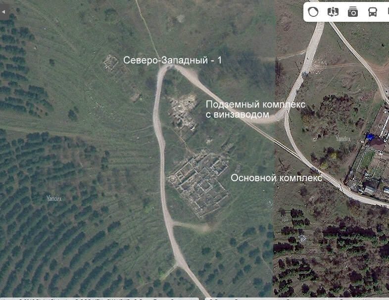 Древний комплекс укреплённых сооружений с винзаводом на Яндекс-карте. Пометки мои. Скрин с моего компьютера.