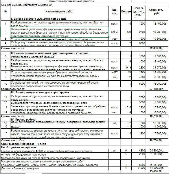 Смета по замене оцилиндрованного бревна в доме