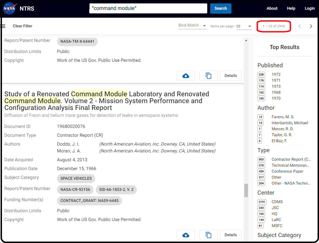 Сервер НАСА выдает 2994 документа по запросу "command module"