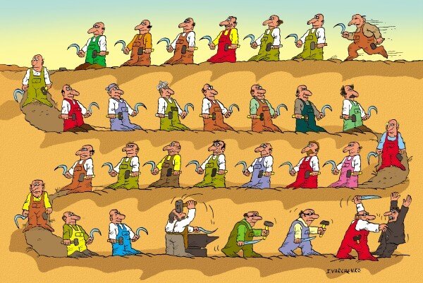 Очень характерная карикатура моего друга Игоря Варченко. Неужели только мне было удивительно, как быстро недавние "строители самого справедливого общества" вдруг с энтузиазмом ринулись "первоначально накапливать капитал"?