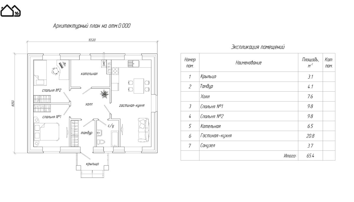 Проект одноэтажного дома площадью 65кв.м. с двумя спальнями. | Проектная  мастерская №16 | Дзен