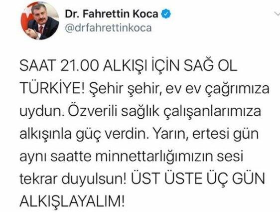 Благодарность за флешмоб от Министра здравоохранения Турции Фахреттина Коджи