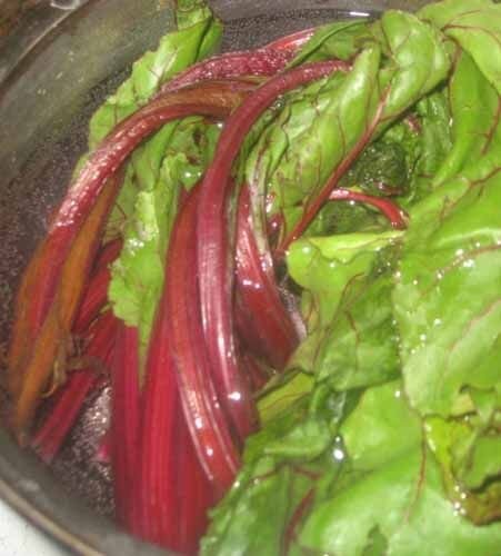     Свекольную ботву необходимо тщательно помыть проточной водой. В кастрюлю налейте воду, доведите её до кипения, посолите и опустите туда листья и стебли свёклы. Варить их нужно в течение 4 – 5 минут, затем откиньте их на дуршлаг, а на разделочной доске нашинкуйте их.   