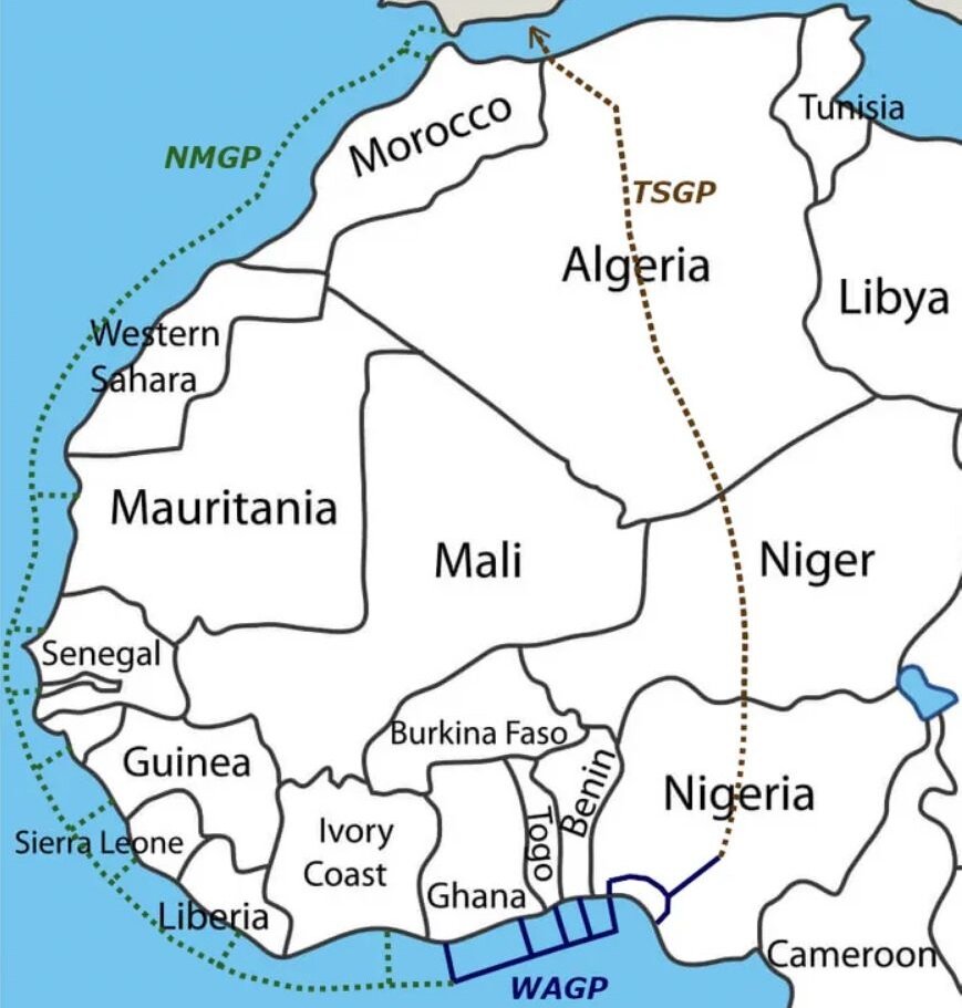 © Construction Review Online / constructionreviewonline.com (Слева зеленым – Nigeria Morocco Gas Pipeline. Также указан примерный маршрут Транс-Сахарского газопровода, еще одного актуального проекта)