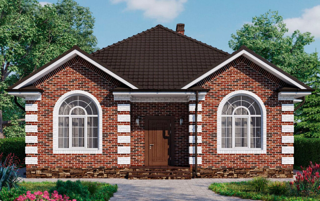 Дом облицован красно-коричневым кирпичам с фактурой. Швы и углы здания выполнены в белом цвете, добавляя контраста и легкости столь тяжелому сочетаю красного и коричневого цвета. 
