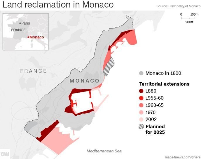 Процесс освоения новых земель в Монако по годам