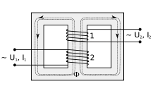 Схематическое устройство трансформатора. 1 — первичная обмотка, 2 — вторичная