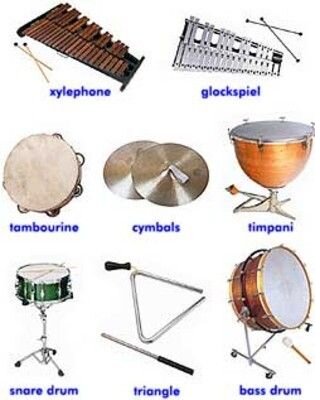 Ударные инструменты (слева-направо, сверху-вниз): ксилофон, металлофон (glockenspiel), бубен, тарелки, литавры, барабан, треугольник, басовый (турецкий) барабан (kick drum)