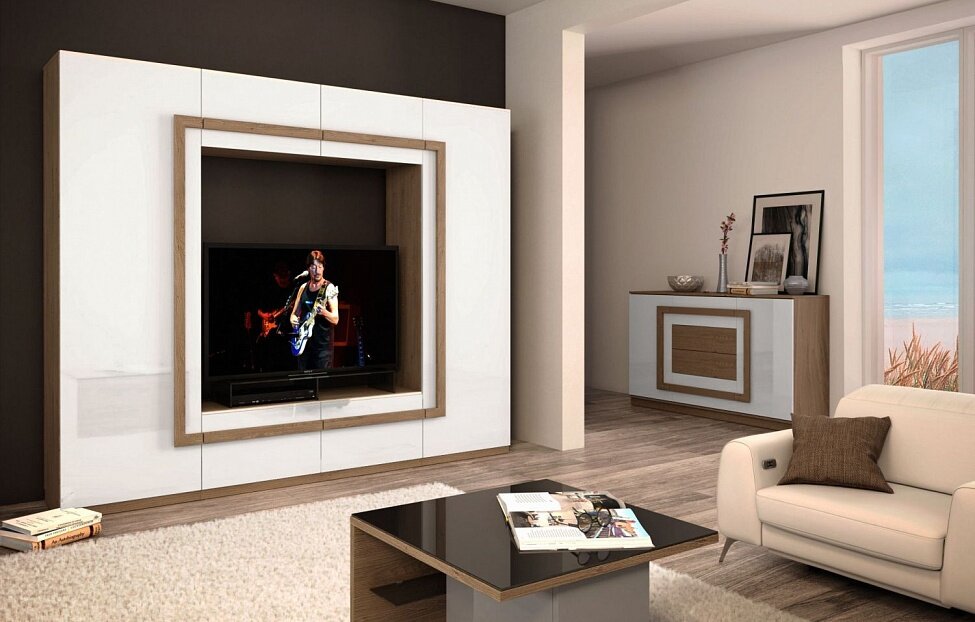 Гостиная Глейс 3.2 подойдёт любителям современного стиля. Футуристичный дизайн стенки — даже не сразу понятно, мебель это или часть стены