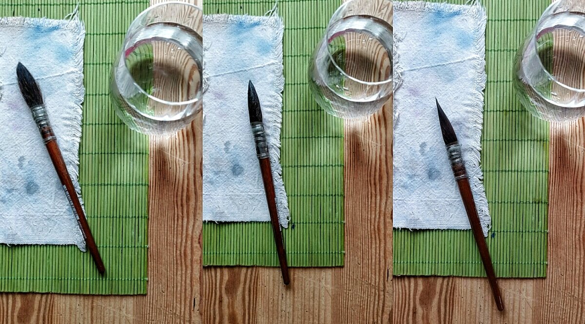 Кисть с французским креплением: сухая, наполненная водой и отжатая пальцами