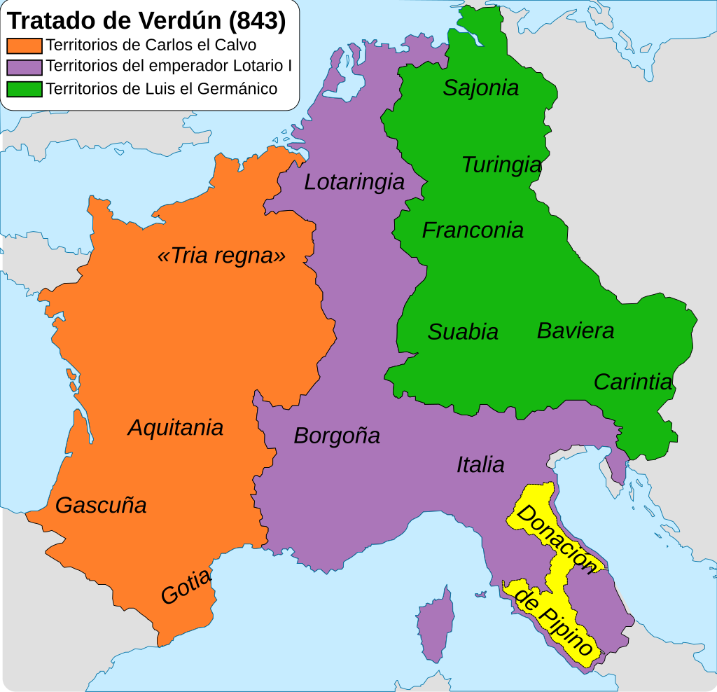 Карта Франкской империи после Верденского договора 843 года. Верденский раздел Франкской империи. Франкское королевство 843. Разделение империи Карла Великого.