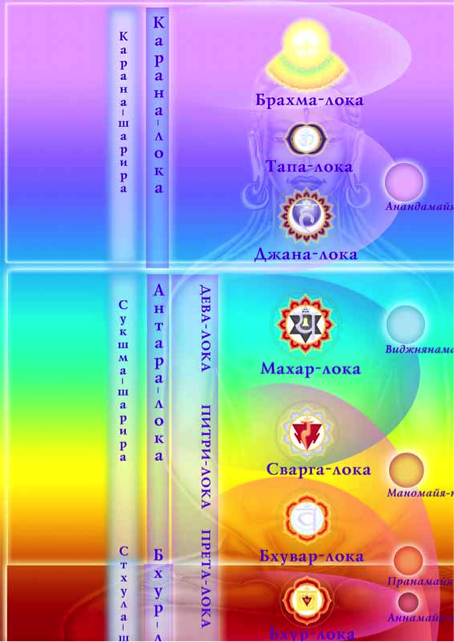 Ведическая структура мироздания и иерархия существ
 Ежемесячный журнал
международного движения
«За чистое видение»	
Меню
Поиск...
За чистое видениеКультура мышленияСлайдер на главнойСТРУКТУРА ВЕДИЧЕСКОЙ ВСЕЛЕННОЙ (ФЕВРАЛЬ’ 20)
СТРУКТУРА ВЕДИЧЕСКОЙ ВСЕЛЕННОЙ (ФЕВРАЛЬ’ 20)За чистое видение Культура мышления Слайдер на главной 09.02.2020  Комментариев нет  Виктория Романенкова  структура Ведической вселенной, Шастра
Шастра. Структура Ведической Вселенной


автор: Дэванатха

3. Ведическая структура мироздания и иерархия существ
25

«Итак, есть воистину, три мира: мир людей (манушья-лока), мир предков-отцов (питри-лока) и мир богов (дэва-лока)». 

Брихадараньяка упанишада

Учение о трех мирах (санскр. «ТриЛока[1]») – физическом, астральном и причинном (каузальном) планах Бытия является краеугольным камнем ведической философии.

Существуют различные уровни вселенской иерархии.

В соответствии с ведическими представлениями есть четырнадцать миров или лок, которые делятся на три больших группы:

 

Мир Истины – Шива Лока,
Мир Промежуточный, то есть астральный – Антар Лока,
Мир Внешний, грубый – Бхувар Лока.
То есть Мир сансары, Мир Форм и Мир Без Форм (Мир Причин, Карана Лока).

Это разделение на три фундаментальные мира. Эти три мира в соответствии с упанишадами и священными текстами можно подразделить более подробно, на четырнадцать миров. Семь из них являются нижними и семь – верхними.

3.1 Шива Лока

Мир Истины – Шива Лока  (Мир без форм) имеет три уровня: 

Сатья Лока (также называемая Брахма Локой) – план истинной Реальности, связан с сахасрара-чакрой,
Тапа Лока – план аскезы, связан с аджна-чакрой,
Джана Лока – план созидания, связан с вишуддха-чакрой.
Шива-лока еще именуется Карана Локой, это причинный (каузальный) мир, мир богов и высокоразвитых душ. Он существует как мир, скрытый глубоко внутри Антар Локи, но находящийся на уровне более высоких вибраций. 
Это план божественной славы, магии, творчества и интуиции, мысленное измерение Вселенной, где души существуют в светящихся лучезарных телах, состоящих из живого света.

Здесь обитают боги, риши и сиддхи, отсюда они руководят эволюцией миров.

3.2 Антар Лока
Антар Лока – это астральный мир, внутренний мир тонких форм, промежуточное измерение между грубым и каузальным мирами. 
Этот мир населяют души, живущие в астральных телах, его могут посещать йоги во время медитации и в своих сновидениях, развоплощенные души также населяют этот мир в ожидании нового воплощения.

В Антар Локе действует тонкое тело (сукшма-шарира), его местоположение соответствует чакрам от вишуддха-чакры до патала-чакры в стопах. 

Антар Лока в свою очередь делится на:

Махар Kоку – высший астральный мир, план равновесия,
Свар Локу (Сварга Локу) – средний астральный мир, небеса,
Бхувар-локу – нижний астральный мир, тонкую копию нашего физического мира. 
Бхувар Лока включает в себя:

Питри Локу – место обитания духов предков
Прета Локу – мир алчных духов (претов),
Била Сваргу – семь нижних миров, располагающихся под землей, населенных полубожественными существами, полудемонами и демонами:
Атала – «отсутствие бездны»,
Витала – мир Хатакешвары (формы Шивы),
Сутала – «прекрасная бездна», мир царя демонов Бали,
Талатала – «бездна и не-бездна», мир демона Майи,
Махатала – «великая бездна», мир великих змеев,
Расатала – «влажная бездна», мир демонических дайтьев и данавов,
Патала – мир царя нагов Васуки, столицей которого считался выложенный золотом город Бхагавати, и его подданных.
Нарака Локу – субастральный план, называемый также «Патала» («падшее место»), поделенный на семь регионов ада, называемых «тала», соответствующих семи нижним чакрам от стоп до бедер.

3.3 Бхур-лока
Мир внешний, грубый – Бхур Лока (Мир сансары).

Это наш физический, видимый земной мир, плотный мир твердой реальности, воспринимаемый пятью органами чувств. 
Точкой входа в Бхур Локу является муладхара-чакра.

С Бхур Локой связаны:

мир людей,
мир животных,
мир растений, насекомых, простейших,
мир неорганики (стихии, минералы, металлы).
4.Семь верхних миров
Семь верхних миров расположены от сахасрара-чакры до муладхара-чакры.

4.1. Сатья Лока[2]

Самая высшая планета материального мира. Находится в созвездии «Ковш Большой Медведицы», иначе называемого «Семь Риши».

Семь планет великих мудрецов. Если посмотреть на предпоследнюю звезду ручки ковша, и от неё немного влево, увидим маленькую звёздочку это и есть Сатья Лока. Главной из этих семи звезд является Полярная звезда, которую Веды именуют «Дхрува Лока» (неподвижная планета). Она является единственным неподвижным светилом в нашей Вселенной, относительно которого вращаются остальные планеты, и потому мореплаватели используют ее в качестве ориентира. Существа на этой планете живут в одном теле 15.480.000.000.000 земных лет.

Первое существо, которое стоит во вселенской иерархии называется Адинатха или Нараяна. Также его именуют Ади Пуруша. Образно его изображают в виде божества, которое лежит на водах мирового причинного океана, первозданного хаоса и сосет свой большой палец. Его представляют в образе ребенка. Разумеется, это метафора.

Нараяна, возлежа на водах Причинного океана предается глубокому самосозерцанию, пребывая в недеятельном присутствии.

Часто, когда переводят тексты, очень многое зависит от переводчиков и интерпретаторов. Фактически, они владыки душ всего человечества, потому, что от того как они переведут и интерпретируют, зависит восприятие, вся картина мира.

Допустим, в тексте написано, что из «центра жизни великого Нараяны рождается Творец». Но «центр жизни» можно перевести как «пупок», в человеческом кармическом видении и если переводчик обладает именно таким видением или метафорическим, он переводит это как «пупок». Тогда сутра звучит так: «Из пупка Нараяны появился лотос». То есть изначально имелось в виду из жизненного центра Великого океана сознания появился потенциал, мандала, обладающая творческим сознанием. Переводчик же переводит: «Из пупка Нараяны появился лотос, а на лотосе восседал Брахма, Творец вселенной».

Таким образом, очень многое зависит от того, кто переводит священные тексты и интерпретирует. Затем художник читая текст и рисует Нараяну как у него из пупка растет лотос, а на лотосе сидит Брахма, а верующий человек потом, придя в храм, воспринимает это буквально.

Однако философские тексты, космология, мифология имеют много уровней интерпретации. Эти уровни зависят от глубины ясности ума тех, кто интерпретирует.

Нараяна, Ади Пуруша, порождает Брахму свою творческую ипостась.

Брахма – это первое живое существо во вселенной.

Местом его обитания является Сатья Лока – Мир Истины. Портал, точка входа в Сатья Локу – Сахасрара чакра. Все точки входа во все миры существуют в нашем теле, оно является полным завершенным микрокосмом.

Брахму еще называют персонифицированным разумом всего мироздания. Его тело представляет Чистый разум, который проникает во всю вселенную. Мысль мгновенно материализовывается, превращаясь в любую материальную форму. Все видимые объекты этого мира – это застывшие мыслеформы Брахмы, то есть весь мир – это мысли и разум этого ПервоТворца вселенной.

Таких вселенных безграничное множество, их трилионы. Они подобны пузырям, которые возникают из творческого сознания Брахмы, живут некоторое время и уничтожаются. В некоторых текстах говорится, что продолжительность жизни Брахмы составляет 311 триллионов 40 миллиардов лет. Однако восприятие времени в Сатья Локе отличается от восприятия времени в мире людей[3].

Первым во вселенской иерархия является Вселенский Творец Брахма. Считается, что Брахма для заселения вселенной живыми существами породил семь великих мудрецов риши – кумаров. Их называют еще «манасом рожденные», то есть рожденные из разума Брахмы.

Кумары – это юноши, вечные девственники. В текстах говорится, что независимо от того, что перед ними была поставлена такая задача кумары, будучи очень святыми, не пожелали соприкасаться с материальной природой и решили остаться вечно юными девственниками, не запятнав себя  соединением с гунами материальной природы. Поэтому их всегда изображают в виде мальчиков, вечно юных, обладающих потрясающей духовной силой.

Существует семь кумаров, из них четыре – экзотерических, почитаемых и в вайшнавской сампрадайе: Санака, Санатана, Санат Кумара и Санандана.

Есть три эзотерических: Сана Кумара, Санат Суджата и Капила.

Санат Суджата переводится как прекрасный, прекрасно выглядящий.

Бог Сканда (Картикейя Муруган) также относится к кумарам. Поэтому его изображают в виде мальчика. Сканда Картикейя является духовным гуру Рамалинги, он дал ему передачу-посвящение в девять лет.

Когда семь кумаров были порождены, Брахма, говорится, был недоволен нежеланием кумаров связываться с материальной природой и пришел в гнев. И из его гнева родился Шива. Вследствие того, что Нараяна породил Брахму, изначального творца вселенной, появились три бога, поддерживающие три гуны материальной природы, то есть Брахма, Вишну и Шива. Все они были аспектами изначального бога Нараяны.

87

Нара это изначальное первое существо, которое находится за пределами Брахмы, Вишну и Шивы, но которое из себя их все порождает. Можно сказать – первичное сверхсознание во Вселенной, которое при этом само не занимается творчеством, но отдает функции и полномочия.

Когда завершилось творение первых существ, появились Брахма ответственный за творческие силы, Вишну ответственный за силы поддержания и Шива, который был связан с разрушением, устранением и растворением. Это первые три великих столпа или три великих души, которые контролировали фундаментальные первопринципы. С точки зрения Лайя-йоги их можно рассматривать как три фундаментальных энергии Естественного Состояния, Великого Ума, порождающего вселенные. Эти боги находятся в Сатья Локе.

4.2 Тапа Лока (Кумары)
Кумары являются старшими братьями Шивы, поскольку они были рождены раньше него, однако по уровню они стоят ниже.

Ниже трех великих богов, проживающих в Сатья Локе располагается план Тапа Локи. Портал входа – аджна чакра. В ней пребывают кумары.

Из них Санака, Санатана, Санат Кумара и Санандана являются хранителями четырех сторон света. Поэтому, когда надо устранить препятствия с какой-либо стороны света или очистить ее, обращаются к этим четырем кумарам.

4.3 Джана Лока
Ниже плана Тапа Локи существует план Джана Локи, точкой входа является вишуддха чакра. Это план созидания. На этом плане проживают боги и риши. Однозначно и точно указать место проживания богов непросто, поскольку это не одномерные существа подобно людям. Часто они могут манифестировать себя в различные экспансии, проживая одновременно в различных мирах.

Условно говоря здесь обитает бог Индра, Сурья – божество Солнца, Чандра – божество Луны, Анила – божество ветра, Варуна (Нептун) – божество воды, Агни – божество элемента огня, Сарасвати – богиня мудрости, Кубера – божество богатства, Бхуми – божество нашей Земли, телом этой богини является наша физическая Земля, Дхармараджа – божество, управляющее Дхармой (Законом), персонифицированное планетой Сатурн, ответственное за аскезу и ограничения, Ямараджа – божество, управляющее инкарнацией, Сканда – бог Картикейя Муруган.

Здесь также еще живут Ашвини кумары, связанные с медициной, покровительством аюрведе. Каждое божество имеет свою мандалу и прислуживающих полубожеств. Их называют чараны они заботятся о том, чтобы прославлять своих божеств-покровителей.

4.4 Махар Лока
На плане ниже, на уровне анахата чакры плане Величия, находятся великие риши. Это риши, почитаемые в нашей традиции, шесть и семь риши. Риши нашей кальпы и риши прошлой кальпы. Нарада, Вьяса, Бхригу, Муни, Капила, Атри (отец Даттатрейи), Маричи, Васиштха, Гаутама, Агастья, Пуластья, Пулаха, Крату, Патанжали, Ангирас, Бхарадваджа, Кашьяпа[4], Вишвамитра, Джамадагни, Дханвантари, Даттатрейя, Кришна. Все они обитают между Махар Локой и Сварга Локой.

Махар Лока – это план величия, связанный с анахата чакрой.

4.5 Сварга Лока – Мир Божественных Форм
Небесное измерение, находящийся ниже Махар Локи. Точка входа в него является манипура чакра. У древних славян, волхвов-язычников, существовал бог – Сварог и небесный мир Сварга, куда уходили волхвы. Многие из описаний богов и божественных измерений древних волхвов соответствуют древним ведическим описаниям.

Тела обитателей мира Сварга Локи сотканы из более тонкой материи. Говорится, что мир они воспринимают не в трех измерениях, а в четырех. Поэтому любую сферу они могут воспринимать как тороид, фактически как плоскость. К примеру, Земля, с их точки зрения называется Бхумандала.

Некоторые представители Сварга Локи известны как дэвы (полубоги) и сиддхи, которые контролируют и управляют различными звездами, планетами, стихиями и энергиями Вселенной. Они могут легко манипулировать таттвами и элементами, мгновенно со скоростью мысли перемещаться в любую точку мира.

В этом пространстве живут апсары[5] и нимфы, которые покровительствуют театру, танцам, музыке, искусству, гармонии отношений между людьми; киннары, поддерживающие равновесие и гармонию во вселенной и кимпуруши[6] – устранители дисбалансов.

В этих же мирах пребывают сиддхи – Матсиендранатх, Горакшанатх, Джаландхаринатх, Чарпатинатх, Канхапа, Гопичандра, Чауранги, Гахининатх, Джнанадэв. Иногда они проявляют себя в Сварга Локе, в небесном измерении Божественной Формы. Иногда они проявляют себя выше, в Махар Локе, в Плане Величия. Сварга Лока, Махар Локе и Джняна Лока – все это миры чистых, прекрасных и божественных форм. Точка входа в мир Сварга Локи – манипура чакра.

В мире Сварга Лока, который еще называют «райским», также живут муни, вселенские мудрецы, которые раньше были людьми, но достигли больших высот в духовной практике. Они контролируют философские, религиозные традиции, различные учения, линии передачи, которые развиваются на Земле и отвечают за них. Можно сказать, что они дают духовные знания всем цивилизациям нашей вселенной. Такие муни периодически перемещаются из одной локи в другую в различных измерениях. Часто они рождаются среди людей становясь святыми или учителями для того чтобы укреплять какую-то линию передачи или возрождать ее, если в этом есть необходимость. Считается, что они благоволят тем, кто развивает духовные знания или различные учения и помогают, устраняя различные препятствия на их пути.

В области Сварги также живут мудрецы Дчьяван, Датхичи, Хаягрива, Парашурама, Харитаяна, сиддхи из традиции восьмидесяти четырех махасиддхов, 18 тамильских сиддхов и 9 натхов. Эта область является общей для сиддхов.

Здесь также живут видьядхары, держатели знаний, великие ученые или реализовавшие какую-либо область знаний, которые дают покровительство тем, кто в этой области достигает каких-либо успехов.

Сиддхи и видьядхары способны также легко манипулировать материальными энергиями, совершать чудеса и постоянно путешествовать по Большой вселенной. Они обладают восемью магическими силами.

4.6 Бхувар Лока
Ниже Сварга-локи располагается Бхувар Лока – астральный мир или мир предков.

В Бхувар-локе живут различные духи, это мирские сансарные духи или божества. Они контролируют в основном то, что происходит близко к людям – стихии, проявления элементов. Когда человек делает магические подношения, призывая духов местности, он контактирует с этим астральным измерением в Бхувар Локе.

Также в этом измерении живут ушедшие из физического мира души. Душа обязательно рождается в каком-либо измерении. Если через семь дней в Бардо душа не рождается в каком-либо из миров, то считается, что она рождается духом в Бхувар Локе.

4.7 Прета Лока
Ниже Бхувар Kоки располагается Прета Лока – мир усопших, но привязанных к земле душ.

Фактически, это тот же астральный мир, но он намного ниже. Это мир приведений, которые сильно привязаны к бытию в этом мире и надолго остановились в своем развитии. Это такой же астральный мир, но он более грубый. Точка входа в мир Бхувар Локи – свадхистана чакра.

4.8 Бхур Лока

Ниже астрального мира существует земной план, тот в котором мы живем – Бхур Лока, точкой входа является муладхара чакра.

С Бхур Локой связаны миры людей, животных, растений, насекомых, простейших и мир неорганики – стихии, минералы, металлы.

4.8.1 Мир неорганики
Мир неорганики представляют бхуты или менталы – это не столько живые существа, сколько осознающие себя разумные существа, которые живут долго.

Мир стихий, минералов, металлов это тоже живые существа, только их эмоции не проявлены. У них очень большая продолжительность жизни. Считается, что они способны беспристрастно долгое время накапливать информацию и хранить ее.

Когда человек выполняет определенные ритуалы, связывая себя с неорганикой он может получать пользу от них. Когда они общаются с человеком их голоса могут звучать монотонно, как у роботов. Они могут давать много информации человеку о том, о чем он просит или давать какие-либо сиддхи. Считается, что стихийные духи, бхуты – это хозяева пространства неорганики. Они живут в двух измерениях. Если посмотреть на вселенную с точки зрения их восприятия вселенная выглядит для них как огромные темные запутанные коридоры или тоннели, переходящие один в другой.

Бхуты имеют слабо развитое тонкое тело, эфирную оболочку, поэтому их можно видеть только духовным зрением или при специальной аппаратуре. Бхуты могут оживлять неорганические предметы или объекты природы. Допустим, если человек берет какой-либо кусок камня или металл, наделяет его силой своей мысли, обрабатывает его, общаясь с ним, то через некоторое время бхут поселяется туда и металл становится наделенный живым осознаванием. Они могут оживлять любые предметы, например, дома, памятники, автомобили, компьютеры в том случае, если сознание начинает наделять этот предмет определенной силой.

Считается, что применение различных гаданий и предсказаний медиумами связано с бхутами. Человек, контактируя с ними, получает информацию и в обмен дает им некоторую энергию. Бхутов интересует грубая энергия эфирного тела человека. Их еще называют кобальты, гномы, феи, тролли, домовые, гоблины и прочее. Все это живые существа, связанные со стихиями. Они очень сильно зависят от лунных циклов.

Существуют низшие бхуты, которые обитают на кладбищах, крематориях, мясных лавках, на полях сражений, в местах массовой гибели людей. Эти места их привлекают, поскольку в течении сорока девяти дней происходит распад эфирных тел живых существ, которыми они питаются. Также существуют злые бхуты, которые провоцируют людей на гневные поступки, мысли, они провоцируют выброс в окружающее пространство тонкой эмоциональной энергии.

Концентрируясь на любой части тела, занимаясь шат-чакра-йогой, человек может устанавливать связь с той или иной локой и получать благословение или даршан существ этой локи.

Это семь верхних миров, которые начинаются от муладхары и заканчиваются сахасрарой. Когда вы представляете такое древо вселенской иерархии, вы можете представить себя на уровне мира людей.

Благодаря практике самоочищения и самообуздания мы постепенно двигаемся от одного уровня к другому.

5. Бхумандала
Наша планета «Земля» называется Бхумандала[7].

«Бху-мандала по форме напоминает цветок лотоса, а семь ее островов — чашечку этого цветка. В центре ее расположен остров Джамбудвипа, а в центре Джамбудвипы — гора Сумеру, состоящая из чистого золота. Она возвышается над землей на 84 000 йоджан[8] и уходит под землю на 16 000 йоджан. Ее диаметр — 32 000 йоджан у вершины и 16 000 йоджан у подножия. Сумеру — царь гор, она держит всю Землю.

Риши обладающие сенсорным взглядом во всех 64 измерениях рассматривают нашу землю как диск. Они видят вещи какие они есть на самом деле. Во сне человек может двигаться в разных измерениях.

Земля это врата в высшие миры, врата в низшие миры, врата в духовный мир. Люди на земле представляют всё в 3 мерном восприятии.

Считается, что измерений в материальном мире 64. Это концентрический диск, диаметром 4.000.000.000 сухопутных миль (6 437 376 000км) Состоит из 7 концентрических островов, разделенных 6 океанами. САПТАДВИПА (Санскр.)

5.1 Семь священных островов[9] или “континентов” в “Пуранах”
567

 

 

Джамбу Двипа. Мы живем в центре, на Джамбу Двипе. (Джамбу – мистическое дерево). Он 800 000 миль в диаметре. Каждый остров в 10 раз больше предыдущего. Разделена на 9 Варш. (места обитания цивилизации).
Плакша-двипа окружен океаном сока сахарного тростника. В Плакша-двипе растет дерево Плакша, у корней которого находится огонь с семью яркими языками пламени. Поклонение Сурье.
Шалмали-двипа окружен океаном вина, называемым Сурасагара. На Шалмали-двипе растет дерево Шалмали, которое является резиденцией Гаруды, человека-птицы, ваханы, носильщика Вишну. Поклонение Соме.
Куша-двипа окружен океаном гхи, топленного сливочного масла. На Куша-двипе растут поля травы куша. Поклонение Агни.
Краунча-двипа окружен океаном молока. На этом острове находится гора Краунча. Поклонение Варуне.
Шака-двипа окружен океаном взбитого йогурта. На Шака-двипе растет дерево благоухающее Шака. Поклонение Вайю.
Пушкара-двипа окружен океаном пресной воды. На Пушкара-двипе находится лотос Вишну, имеющий 100 000 000 лепестков, состоящих из золота, на вершине которого сидит Брахма, создатель миров. Поклонение Брахме. Здесь на концентрической горе Манасоттаре располагаются резиденции богов Сомы, Ямы, Варуны и Индры.
5.2 Джамбу-двипа и гора Меру
Непосредственно Меру окружает Джамбу-двипа, разделенный восьмью горами на девять частей (9 Варш):

Илаврита-варша находится в центре Джамбу-двипы. Единственным мужчиной Илаврита-варши является Шива. Его жена Дурга превращает в женщин каждого забредшего туда мужчину. Шива поклоняется Вишну в образе Санкаршаны или Шешы, поддерживающего на себе все планетные системы.
Рамьяка-варша находится к северу от Илаврита-варша, от которой ее отделяет гора Нила. В Рамьяка-варше правит Вайвасвата Ману, поклоняющийся Вишну, принявшего обличие Матсьи, гигантской рыбы.
Хиранмая-варша находится к северу от Рамьяка-варша, от которой ее отделяет гора Швета. В Хиранмая-варше правит Арьяма, который поклоняется Вишну в форме Курма, исполинской черепахи.
Уттаракуру-варша находится к северу от Хиранмая-варша, от которой ее отделяет гора Шрингаван. В Уттаракуру-варша, где правит Бхуми, богиня Земли, поклоняются Вишну в образе Варахи, мирового вепря.
Хари-варша находится к югу от Илаврита-варша, от которой ее отделяет гора Нишадха. Там живет Нрисимха или Вишну, принявший образ человекольва, который растерзал своими когтями дайтью Хираньякашипу.
Кимпуруша-варша находится к югу от Хари-варша, от которой ее отделяет гора Хемакута. В Кимпуруша-варше, где живут обезьяноподобные кимпуруши и гандхарвы, правит Хануман и Арштишена, который поклоняется Вишну в образе Рамы, убившему Равану, царя ракшасов.
Бхарата-варша находится к югу от Кимпуруша-варша, от которой ее отделяет гора Хималая. Бхарата-варша – мир людей и подобных им существ. Бхарата-варшей называется Индия. В Бхарата-варше Нарада Муни, указавший божественные принципы Сарвани Муни, почитает Вишну в образе Нара-Нараяна риши, которые пребывают в месте называемом Бадарика-ашрама.
Кетумала-варша находится к западу от Илаврита-варша, от которой ее отделяет гора Мальяван. Кетумала-варша являются владением Вишну в образе Камы (Прадьюмны), бога любви, и Лакшми, богини счастья, возглавляющей детище праджапати, праотца, Самватсара, сыновья которого являются духами дня, а дочери – духами ночи. Всего существует 36 000 потомков Самватсара, по одному на каждый день и на каждую ночь на время человеческой жизни.
Бхадрашва-варша находится к востоку от Илаврита-варша, от которой ее отделяет гора Гандхамадана. Бхадрашва-варша управляется Бхадрашравой, сыном Ямы, бога смерти, поклоняющийся Вишну в образе Хаягривы (Имеющий шею лошади). Чудесный конь Хаягрива спас веды, которые похитил у Брахмы один из дайтьев и отнес их на Расаталу.
Каждая Варша длинной 116.000 км. С юга на север. Все эти Варши отделены огромными горными массивами. 16.000 км. высотой.

Существа живущие во всех частях Джамбу-двипы, за исключением Бхарата-варша, живут десять тысяч лет по летоисчеслению людей. Они всегда пребывают в трета-юге.

6. Семь нижних миров

998Также существует семь нижних миров. Это миры Пут, Авичи, Самхата, Тамисра, Риджиша, Кудмала и Какола. Одно из их общих названий – Ады[10] Нарака.

С Нижними мирами также связаны наги. Наги – это полубожественные, полуживотные существа, которые, как считают, живут под землей. Они живут в более нижнем измерении, чем Бхур Лока, чем наш мир людей. Их энергии более жесткие, но они считаются более высокоразвитыми существами. Некоторые контактёры описывают свои контакты с разумными рептоидами, рептилиями.

Эти высокоразумные высокоразвитые рептилии часто предстают как инопланетяне перед ними. Они говорят о том, что у них существуют дворцы и базы под землей, шахты и они давно живут на земле параллельно с миром людей и фактически они считают больше себя хозяевами земли, чем людей.

В древности многие святые, например Нагарджуна, путешествовали в эти миры и даже проводили там длительное время. Считается, что они являются сведущими в магии, в минералах и камнях, обладают значительными богатствами, секретами молодости и долголетия. У них есть чудесные города, созданные из драгоценных металлов и драгоценных камней, которые находятся ниже измерения мира людей, то есть они более плотные.

Наги – это как бы другая раса, существующая параллельно миру людей на земле, с которой мы не пересекаемся.

7. Била Cварга – семь нижних чакр
Била Cварга или Патала – обобщенное название семи подземных миров (Атала, Витала, Сутала, Талатала, Расатала, Махатала, Патала), населяемых цивилизациями асуров[11] (дайтьев, данавов и нагов).

Красота и богатство этих миров превосходят райские обители, потому как жители этих миров более подвержены страстям, и поэтому стремятся превзойти друг друга и богов в роскоши. Периодически в этом мире происходят катаклизмы и войны.

Этот искусственный рай – Била Сваргу создал великий данава по имени Майя, искусный художник и архитектор, который построил в Патале множество великолепно украшенных городов.

Обитатели этих планет принадлежат к родам дайтьев, данавов и нагов. Они имеют семьи, их жены, дети, друзья всецело поглощены материальным счастьем, к которому они очень привязаны.

В городах этого мира много красивых домов, храмов, помещений для собраний, скверов, храмовых двориков, оград и ворот. Дома в этом мире созданы из драгоценных камней, в них живет множество живых существ, принадлежащих к классам нагов или асуров. Также внутри домов много голубей, попугаев и других птиц.

Города этого мира по красоте и украшенности часто превосходят парки и сады в мире богов. Деревья в этих садах, обвитые лианами, сгибаются под тяжестью плодов и цветов, что делает их удивительно красивыми. Их красота может привлечь всякого и наполнить его ум радостью от наслаждения чувств.

В этих садах много озер и бассейнов с чистой прозрачной водой, из которой порой выпрыгивают рыбы, возмущая ее спокойствие. Многочисленные цветы, такие как лилии, кувалайи, кахлары, синие и красные лотосы украшают собой эти озера. В них гнездятся чакраваки и другие водяные птицы. Они живут, не зная печали, и оглашают сады своим сладким чудесным пением, услаждающим слух и увеличивающим чувственные наслаждения.

Время там не разделяется на дни и ночи, поскольку в этих подземных мирах нет Солнца, а жители этих миров не знают страха от бега времени (т.е. живут очень долго).

Там живет бесчисленное множество огромных змей, они имеют драгоценные камни на капюшонах. Сияние этих камней освещает эти миры. 

Обитатели Била-сварги сведущи в искусстве приготовления различных снадобий и волшебных эликсиров, которые они делают из необыкновенных трав. Купаясь в этих эликсирах, они сохраняют вечную молодость и здоровье, поэтому им неизвестны тревоги и болезни.

У них не растут седые волосы, их кожа не покрывается морщинами и никогда не утрачивает своего блеска, среди них нет инвалидов. Их тела при потении не издают неприятного запаха. Они не знают, что такое усталость, отсутствие энергии и энтузиазма, порожденных старостью.

Они очень довольны своей жизнью и ни от чего не боятся умереть, страшась лишь смерти, приходящей в установленное время, когда появляется разрушительное сияние Всевышнего. Когда это сияние появляется в этих мирах, у всех беременных жен, устрашенных им, случается выкидыш.

На микрокосмическом уровне эта область соответствует семи чакрам, находящимся ниже муладхары, которые называются «талы» и являются областями тьмы разума и искаженного восприятия.

7.1 Атала – отсутствие бездны
Первая чакра называется Атала – отсутствие бездны.

Расположена ниже муладхара-чакры, в тазобедренных суставах. С ней связаны страх, грубая похоть. Она относится к низшему астральному миру, называемому Атала.

Все жители в этом мире очень сластолюбивы и являются майяви – магами, колдунами, волшебниками.

Правитель Аталы – демон Бала, сын Майя-данавы, создавший девяносто шесть видов демонических, мистических способностей, которыми пользуются ложные йоги и гуру, чтобы обманывать людей.

Демону Бала было достаточно зевнуть, чтобы создать три типа женщин: сварини – свободные, независимые, камини – желанные и пункчали – доступные. Мужчина, проникший на Атала, тут же оказывается в плену у этих женщин.

Они заставляют его выпить дурманящий напиток, приготовленный с наркотиком, который называется хатакой. Благодаря этому дурманящему средству способности мужчины невероятно возрастают и женщины пользуются этим ради собственного удовольствия.

Очаровав мужчину зовущими взорами и любовными улыбками женщина обнимает его пока она не будет полностью удовлетворена. Мужчина же из-за того, что его способности так возросли думает, что он сильнее десяти тысяч слонов и считает себя самым совершенным. Опьяненный ложной гордостью, он пребывает в иллюзии и мнит себя богом, забывая о неминуемой смерти.

Жители этой локи появляются в нашем мире в виде длиннобородых мудрецов с полузакрытыми глазами, постоянно погруженных в медитацию. На микрокосмическом уровне эта область соответствует чакре, расположенной в верхней области бедер, и отвечает за состояние разума под названием страх.

Когда кто-либо находится в этом состоянии сознания, он боится как Бога, так и других людей, а иногда даже самого себя. В этой области живут люди, которые больше боятся Бога, чем любят Его. Как только человек проходит через чакру страха, он приходит к стопам Господа Ганеши и входит в сферы памяти и благоразумия, ясности и понимания.

7.2 Витала – мир Хатакешвары
Следующий мир называется Витала – вторая чакра ниже муладхары, расположенная в бедрах.

С этим миром, с этой чакрой связано проявление бурного гнева. Она соотносится с уровнем мира, называемым Витали или Авичи, безрадостный. То, что это нижние миры, не означает, что там есть только страдания. Эти миры разные, но их факторами являются те или иные формы неведения, уплотнения или омрачения сознания. Но там также могут быть проявлены и чувственные удовольствия, они могут быть по-своему прекрасные. Это миры нагов, миры плотных телесных и энергетических форм.

Владыкой Виталы является эманация Господа Шивы – Хатакешвара вместе со своей женской ипостасью – Бхавани и сопровождающими их духами, призраками, бхутами и ганами. Хатакешвара отвечает за тама-гуну являясь одним из Рудр, вечных спутников Шивы. Здесь он известен как хозяин золотых приисков.

Господь Шива, будучи прародителем, дабы порождать живых существ, занимается сексом с прародительницей Бхавани, и от смешения их жизнетворных жидкостей образуется река, которая называется Хатаки. Когда огонь, ярко разгораясь под порывами ветра, выпивает эту реку, а затем с шипением выплевывает ее, она превращается в золото, называемое хатака. Обитающие на этой планете демоны, а также их жены носят различные украшения из этого золота и очень довольны жизнью.

Существа с этой локи появляются в нашем мире в облике птиц. На микрокосмическом уровне соответствует витала-чакре, которая также называется областью потерь, сферой раздела и беспорядка, и расположена в нижней части бедер, в ней преобладает гнев. Гнев приходит от разочарования или своеволия. Когда люди находятся в сознании этой чакры, они гневаются даже на Бога. В своем гневе они часто вредят тем, кто находится рядом с ними.

От сдерживания гнева возникает постоянное жгучее чувство возмущения.

7.3 Сутала – прекрасная бездна
Следующая чакра расположена в коленях и связана с чувством мстительной ревности и зависти. Соотносится с астральным миром, называемым Сутала или Самхата (отброшенный), великая или прекрасная бездна – столица Нараки.

Мир полный роскоши, которым правит великий асура Бали Махарадж, царь дайтьев.

В древности, благодаря своим заслугам и подвижничеству, почитанию богини Матери, благочестивый царь Бали Махараджа, сын Вирочаны, одолел царя богов Индру и захватил власть над тремя мирами: небом (Сварга-локой), землей (Бхур-локой) и подземным миром (Наракой). 

Боги, испугавшись могущества Бали, обратились за помощью к Вишну – Хранителю миров. Господь принял облик брахмана-карлика Ваманы, сына Адити, и пришел во дворец Бали просить подаяние. Он попросил у великого асуры в качестве подаяния ту часть его земли, какую он сможет отмерить тремя шагами. Бали согласился, несмотря на протесты его Гуру Шукрачарьи.

Вишну в облике Ваманы первым шагом покрыл небо, вторым – землю, а третьим – подземные миры. Когда ему некуда было поставить ногу. Бали предложил ему свою голову. Таким образом его гордыня была усмирена, а гармония и порядок во Вселенной восстановлены.

Бали был сброшен в нижние измерения силой повеления Вишну. Великая богиня, чтобы утешить своего почитателя – царя дайтьев, дала ему власть над Наракой и создала для него Суталу – один из самых красивых и роскошных миров во Вселенной. 

Бали, обладая духовной реализацией, воспринял свое поражение без страха и страданий. Когда Индра, придя в его мир, стал насмехаться над ним, он держался мужественно и с достоинством, говоря что все даже боги находятся под властью великого бога времени.

Бали махарадж по сей день преданно служит Вишну, поклоняясь ему на планете Сутала. На микрокосмическом уровне эта планета соответствует сутала-чакре. Она находится в области коленей и отвечает за зависть. Зависть возникает из-за чувства неадекватности, более низкого положения и беспомощности. Когда она смешивается с гневом, это вызывает в нервной системе астрального тела ужасную реакцию. Люди, находящиеся в сознании этой чакры, часто отрицают существование Бога и постоянно сражаются друг с другом.

Когда у вас возникает чувство зависти и к ним еще примешивается гнев, вы должны помнить о Бали махарадже, в следующей жизни можно стать его подданным. Если вам этот мир не нравится, лучше не испытывать ни зависти, ни гнева.

7.4 Талатала – бездна и не-бездна

Следующая чакра называется Талатала. Это центр в икрах ног. Он является выражением умственного заблуждения, беспокойства, тупого упрямства и инстинктом самосохранения. Мир, который связан с ним – Тамисра, другое название Талатала.

Тала-тала, бездна бездн. Тала-талой правит демон данава по имени Майя, великий зодчий асуров, создатель Трипуры. Он известен как ачарья, учитель всех майяви, то есть тех, кто владеет колдовским искусством.

Майя-данава – это ачарья, изначальный Гуру всех магов и колдунов, то есть тех, кто не заботится о Просветлении, но очень старательно овладевает магическими силами, колдовством, астральными достижениями и прочим. Кто этим занимается, тот находится под его покровительством. Неважно – черная магия, белая магия, серая магия – все это область покровительства Майя-данавы.

Майя-данава как зодчий мира асуров создает великолепные летающие города и дворцы. Однажды он создал город Трипуру[12]. Но из-за того, что жители его были эгоистичны, Шива спалил этот город.

Название можно перевести «Под нижним уровнем, место – не место или сфера небытия», находится в области икр.

В этом четвертом центре ниже муладхара-чакры царит сознание защиты своей маленькой вселенной любой ценой. Она порождает инстинктивное упрямство, желание получить больше, чем отдать, давление на других людей без учета последствий.

Девиз один: «Все для своей выгоды». Когда люди находятся в сознании этой чакры, они заявляют о господстве материального начала над всем остальным.

В этой области преобладают жадность, обман, насилие, взяточничество и похоть. Это такое состояние разума, которое можно охарактеризовать словами: «Человек человеку волк».

Существа с этой локи приходят в наш мир под видом слепых, хромых, одноглазых и других калек.

7.5 Расатала – влажная бездна
Следующая чакра – Расатала (влажная бездна), центр в лодыжках.

Согласно пуранической и агонической космологии на Расатале живут демоничные Дити и Дану, воинственный и бесстрашный род асуров Пани – потомки Дити и Дану.

Их род также именуют нивата-кавачами, Калейями и Хиранья-пураваши. Все они злейшие враги богов и лично Индры. Они владеют волшебными доспехами «нивата» (нивата-кавача), защищающими своего хозяина от ударов любого оружия. 

Расаталу по всему периметру защищает ядовитая река Раса, воды которой несут ртуть. Асуры рода Пани с самого рождения наделены необычайной могущественностью и жестокостью и гордятся своей силой. Однако регулярно терпят поражение от Хранителя Вселенной. 

В древности между этими асурами и Индрой произошла великая битва. Демоны потерпели поражение встретив Сараму – женщину-посланницу Индры, которая произносила мантру от которой они пришли в ужас и затрепетали.

Все асуры из рода Пани являются рептилиями и живут в норах, как змеи. Некоторые из них имеют пять капюшонов, другие – семь, десять, а некоторые – сто и даже тысячу. Их капюшоны украшены драгоценными камнями.

Дети Дити и Дану – это потомки древнего риши Кашьяпы, первого Праджапати. Одна линия потомков – это дэваты, вторая – неудавшаяся генетическая линия, которая стала обладать асурической природой.

Дети света и дети мрака[13], так их можно охарактеризовать.

Часто люди сталкиваются с этими существами, разумными рептоидами. Они принимают облик, похожий на человеческий. Тем не менее, их облик не человеческий, это ближе к рептилиям. Их области глубоко под землей, но не физически под землей, а на более тонком астральном уровне.

Есть на земле конкретные точки входа в эти миры – это шахты, о которых люди не знают, кто их вырыл, откуда они появились. Это области порталов связи с этими мирами. Иногда там есть очень высокие технологии.

Существуют купола двести, пятьсот метров, в которых сияет искусственное солнце и есть искусственная атмосфера. У жителей большая зависимость от солнечного света или от источников света, которым они питаются.

В мире людей их очень заботит использование тектонических плит, разработка месторождений нефти и газа. Их заботит экология планеты, поскольку, когда люди неправильно ведут себя, испытывают ядерные взрывы, истощают планету, это вызывает их гнев. Тогда они или обращаются к людям, или создают землетрясения, или провоцируют какие-то конфликты, чтобы повлиять на людей.

Их также заботит состояние мирового океана и его дна. У многих из них есть виманы, сигарообразные летающие корабли, в которых они передвигаются и под водой, и в воздухе, и даже под землей.

Они с самого рождения отличаются могуществом и жестокостью. Когда Сарама, посланница Индры, произносит определенное проклятие, всех змей-демонов, живущих на Расатале, охватывает страх перед Индрой. Существа с этой локи приходят в наш мир в облике детей. Их можно узнать по холодному ветру, который сопровождает их появление, так что вокруг них всегда холодно.

На микрокосмическом уровне эта пятая чакра ниже муладхары, состояние удовлетворения чувств, расположена в лодыжках. Она является настоящим домом инстинктивного разума. Здесь преобладает личный эгоизм. Люди, находящиеся в сознании этого силового центра абсолютно не заботятся о проблемах других людей и их страданиях.

Когда люди находятся в сознании этой чакры, они, прежде всего, заботятся о себе и своем благосостоянии. Память, рассудок, упрямство, мысли, чувства и поступки без сознания совершаемого – все эти мотивирующие факторы данной чакры, направляемые гневом и страхом. Для этого состояния сознания зависть, гнев и страх являются более интенсивными, даже высшими состояниями сознания. Есть и определенные философии, берущие начало из этих состояний сознания. Одно из них является экзистенциализм[14].

В пятой чакре ниже муладхары пребывают многие настоящие атеисты, и в этой чакре находится основная часть массового сознания людей в период кали-юги.

7.6 Махатала – великая бездна

Следующая чакра – Махатала, великое дно. Центр в ступнях.

Махатала – великая бездна. На Махатале живут потомки Кадру[15], змеи, у которой много капюшонов, и которые всегда пребывают в страшном гневе. Величайшие из этих змей – Кушака, Такшака, Кале и Сушена. Змеи, живущие на Махатале, постоянно испытывают страх перед Гарудой, на котором летает господь Вишну. Но, не смотря на такое тревожное состояние, весело проводят время со своими женами, детьми, друзьями и родственниками.

Считается, что если возникают астральные препятствия от нагов, то усмиряющие практики, которые здесь необходимы, это призывание Гаруды и преображение в Гаруду, поскольку Гаруда является усмиряющей силой, которая способна одолевать нагов.

На микрокосмическом уровне шестая чакра ниже муладхары, которая называется маха-тала – великая нижняя область, и находится на верхней стороне стоп, в области изгиба ступни, где всецело правит эго.

Например, вы тренируетесь и ударили эту область, это вам привет из Махаталы. Это указание на то, что какая-то часть вашей кармы, связанная с этим миром, отмылась.

Это сфера бессознательных действий, где преступники не чувствуют абсолютно никаких угрызений совести за самые отвратительные поступки. Сознание тех, кто заключен в этой области, спит. Отрицание, депрессия и другие темные состояния разума являются нормой для таких людей. Эта область образно называется «воровство без сознания». Люди, живущие в сознании данной области, чувствуют, что мир должен предоставить им средства к существованию. Они просто любым способом берут то, что считают своим.

Например, у человека есть эгоистичное сознание: «Дайте мне то, дайте мне это», но он не думает о других, как другим дать. Он заботится только о себе, чувствует, что ему чем-то обязаны, а если ему не дается, он просто это берет. Он очень сильно отождествлен на физическом теле и любой ценой хочет бороться за его автономию, поддержание и развитие, а другие неважны. Это эгоизм очень суженного, очень концентрированного свойства.

Существа с этой локи приходят в наш мир в виде котов, собак или обезьян.

7.7 Патала – падшее место

Последняя чакра – Патала, область грешников – дно Нараки, преисподняя. Это центр в подошвах стоп.

Патала или Нага Лока – самый нижний уровень подземных миров. Патала соответствует седьмому адскому миру, называемому Какола («Черный яд»).
       Несмотря на свое название, для живущих в ней Патала считается прекраснейшим местом в мире и превосходит своей красотой и богатством небо Индры (Сварга Локу).

Является миром нагов, в котором живет много змей-демонов. Вид нагов внушает ужас – они многоголовы, у каждой из них множество капюшонов – пять, семь, десять, а у некоторых сто или даже тысяча.

На каждой голове находится по два рога, между которыми расположены драгоценные камни, рассеивающие тьму Била Сварги своим светом. Это сфера подземного мира, которая поддерживает жизнь на земле. Существа с этой локи появляются в нашем мире только в невидимой форме. Об их появлении можно узнать по громкому шороху.

Наги умны и сведущи в магии, но чрезвычайно легко впадают в ярость, поэтому постоянно пребывают в дурном расположении духа.

Жены нагов, наоборот, славятся своей красотой и скромностью.

Столица Паталы Бхагавати выложена золотом, а посредине ее высится сложенный из золота и драгоценных камней дворец царя нагов змея Васуки. В Патале хранятся огромные богатства, даже у богов вызывающие зависть. Также к повелителям Нага-локи относятся наги Шанкха, Кулика, Махашанкха, Швета, Дхананджая, Дхритараштра, Шанкхачуда, Камбала, Ашваттара и Девадатта.

Патала чакра – седьмая ниже Муладхары, расположена в ступнях и отвечает за месть, убийство ради убийства, нижняя область злобы или падшая сфера.

Здесь правит темное неведение, это сфера злобного разрушения. Находясь в извращенных вибрациях данной области сознания, развращенный грешник пытает других без единой мысли о сострадании. Он проявляет злобу, не испытывая боли в своем сознании. Различными способами приносит вред другим людям ради одного лишь наслаждения и получает удовольствие от эмоционального, ментального и физического страдания людей и всех существ, с которыми встречается на своем пути.

Ненависть и злоба являются правящей силой в Патала чакре. Живущие в темных областях разума находятся далеко от здравого смысла и еще дальше от сострадания и понимания других людей. Доводы редко влияют на тех, кто находится в этом состоянии разума.

8. Ведическое время и летоисчисление

4545

Космической единицей времени является кальпа или день Брахмы-творца, продолжительность кальпы – 4 320 000 000 астрологических лет.

День Брахмы разделен на 1000 эр (махаюг), каждая из которых состоит из четырех юг или веков: крита (сатья), трета, двапара и кали.

Считается, что в течение крита (сатья) юги, Дхарма опирается на четыре ноги, что означает ее полноту во всех четырех аспектах, когда постоянно осуществляется четырехсоставная добродетель: правдивость, доброта, преданность и милосердие. Люди этого века описываются как удовлетворенные, добрые, любезные, кроткие и исполненные самообладания и прощения. Они соблюдают принципы равенства и наслаждаются блаженством. Сатья юга длится 1 738 000 лет.

В течение трета-юги Дхарма становится трехногой, то есть добродетель падает на ¼. Люди приобретают некоторую злонамеренность и любовь к раздорам. Появляются безнравственные люди, но брахманы, просвещенные учением Вед, превосходят их по численности. Длительность трета-юги – 1 395 000 лет.

Преданность, доброта и прощение сокращаются наполовину в двапара-югу, которая длится 864 000 лет.

Последним идет наше время, век вырождения сознания, называемый кали-югой, которая длится 432 000 лет.

Мы живем в шестом тысячелетии кали-юги текущей махаюги. Настоящую кальпу оценивают как 1-ый день пятьдесят первого года нашего Брахмы.

9. Заключение

Вечный Закон или Санатана Дхарма – это карта для идущего по ПУТИ Освобождения от Сансары, из пут иллюзий Маха Майи.

Для относительного ума важно знать и понимать где ты находишься, какие энергии вокруг доминируют, как себя правильно вести. Что есть Заслуга, дарующая благие плоды, а что дурная карма?! Какие ощущения существуют в теле, в сознании?!

Изучая древо вселенской иерархии и представляя себя на уровне мира людей возможно адекватно осознать своё положение в иерархии существ.

Благодаря духовным практикам самоочищения и самообуздания можно двигаться от одного уровня к другому.

Благодаря практикам самоузнавания существующим в адвайтических традициях сиддхов возможно увидеть и осознать Истину, недвойственную светоносную и иллюзорную Суть вещей.

Концентрируясь на любой части тела, занимаясь, например, шат-чакра-йогой, человек может устанавливать связь с той или иной локой и получать благословение или даршан существ, обитателей этой локи. Кроме того разные чувства в соответствующих частях тела свидетельствуют о том какая карма в настоящий момент более всего проявляется.

Размышления о недвойственной Природе и самоисследование – Атма Вичара, открывают Садху просветлённое сознание.

Система обучения в традиции сиддхов является своего рода престижным институтом, который готовит будущих вселенских иерархов и богов. Разумеется, от того, насколько человек практикует и учится, зависит куда он получит распределение после выпуска из монастыря, в какой иерархии он будет работать, какие боги захотят его «пригласить на работу», станет ли он сиддхом, киннаром, кимпурушей или видьядхаром, станет ли он риши, правителем вселенных или может быть его диплом не примут, скажут, что ему необходимо еще в мир людей – «за пятерками».

Тот, кто реализовывает савикальпа самадхи, если это низкого уровня савикальпа самадхи, магическое, он может претендовать на мир питрий, мир предков в Бхувар Локе, стать могущественным духом астрального плана. Если это савикальпа-самадхи более чистое и высокое, например вторая или третья дхьяна, можно претендовать на мир Бхувар-локи, однако в этом мире у него не будет возможности дальше развиваться, он будет поглощен однонаправленным самадхи.

Тот, кто развивает нирвикальпа самадхи, пребывая во всех состояниях вне образов и признаков, может претендовать на мир Тапа-локи, мир тапаса.

Наконец, тот, кто развивает сахаджа самадхи может претендовать на любой мир, в зависимости от своих склонностей и глубины естественного состояния.

В основном сансарные боги именно являются сансарными богами потому, что они реализовали какой-то один тип самадхи и они находятся на определенной ступени, но чтобы подняться выше, им нужно получить более глубокий опыт, развить сахаджа-самадхи и некоторые из них даже решаются воплотиться людьми.

Те же сиддхи и риши, которые реализовали сахаджа-самадхи, гораздо более свободные, поскольку их состояние подлинное и они могут эволюционировать в любых тонких мирах, перемещаться по ним, эманировать из себя иллюзорные тела, их достоянием является план Тапа Локи и Сатья Локи, а на планах более нижних они проживают как аспекты, эманации, как определенные части, посылаемые туда.

Знание устройства Вселенной и кармических принципов приводящих к тому или иному перерождению помогают духовно практикующему (садхаку) определиться с целями на Пути и избегать ошибок, которые могут привести к перерождению в неблагоприятных мирах.

Понимая своё текущее состояние, свою астрологию, зная свои основные самскары и васаны больше возможность влиять на следующее рождение.

Учитывая различные нюансы в практике, не очень благоприятно стремиться к перерождению в высших мирах для получения наслаждения и приятного времяпрепровождения. Более желанным результатом является достижение полного освобождения из круговорота рождения – смерти.

Уникальность, драгоценность человеческого рождения состоит в том, что в физическом теле можно вести духовную практику, заниматься созерцанием и исследованием. Во многих мирах это просто невозможно.

Причина как правило в интенсивности энергий. В верхних мирах это тотальная поглощённость концентрацией на материальных объектах или чувственных удовольствиях, в нижних мирах ситуация обратная – много страданий, гневных эмоций и т.п., но тотальность и интенсивность вовлечённости не меньше. Другими словами медитировать и заниматься самоисследованием очень трудно!

В мире людей всего понемногу. Человеку даётся уникальный шанс встречи с Тремя Сокровищами, обретения Прибежища и становления Садху, т.е. Тем, кто искренне и самоотверженно посвящает себя Пути к Богу.

Посвящение Заслуг и выражение благодарности Трём Сокровищам

Я склоняюсь в поклоне перед Тремя Сокровищами, наделяющими безпредельной силой на Пути к Освобождению!

Я выражаю своё глубокое почтение и уважение всем Хранителям Вечного Закона – Дхарма Раджам Санатана Дхармы!

Я выражаю своё глубокое уважение и благодарность АдиШакти, МахаЛакшми и МахаСарасвати за их благословения!

Я склоняюсь в поклоне перед всеми святыми линии преемственности Лайя-йоги, которые в своем великом сострадании передали это сокровенное учение, дарующее Освобождение в течение лишь одной человеческой жизни!

Да послужит написание этого доклада благу всех живых существ!

Да войдут все живые существа во врата высших недвойственных Учений и достигнут безкрайнего царства Нирваны!

10. Список используемой литературы

 

Учебные материалы Монастыря для подготовки к сдаче на ступени.
Дхарма-вичара. Сборник тектов для изучения. I ступень. 2018г. 580 стр.
Драгоценный сосуд Дхармы, том II / Свами Вишнудевананда Гири, 2018г. 460 стр.
Свами Вишнудевананда Гири. Материалы лекций.
Акиф Манаф Джабир. Ведическая космология. Йамуна пресс, 1988г.
А.Ч. Бхактиведанта Свами Прабхупада. Шримат Бхагаватам
П.Девис. Суперсила. Поиски единой теории природы.
Материалы из Интернета.

_________________________________________________________________________

[1] «Лока» переводится с санскрита как «мир», «область Вселенной», «план Бытия». Лока есть определенная область кармического видения, которая проявляется как целостный мир, космический регион во Вселенной.

[2] Сатья – Благость

[3] Некогда жил царь Индрадьюмна, построивший храм Джаганатхи, повелителя Мира. Перед церемонией царю явился Нарада и сказал, что боги Мира Сварги очень довольны им, его праведностью и он может выбирать благословение. Индрадьюмна попросил, чтобы его на некоторое время перенесли на Брахма-локу, повидаться с Брахмой, получить его даршан. Когда Нарада выполнил просьбу, царь, встретившись с Брахмой, попросил его присутствия на церемонии открытия храма Джаганатхи. Брахма рассмеялся и сказал: «Пока ты произносил эту речь, в твоем мире прошло несколько сотен или даже тысяч лет. Все твои родственники уже давно исчезли. Только храм остался и люди помнят тебя как его основателя».

 

[4] Риши Кашьяпа, первый из списка Саптариши. Согласно космогоническому мифу, изложенному в «Шатапатха-брахмане», Праджапати создал все живое, воплотившись в космическую черепаху. Эта черепаха и есть Кашьяпа, поэтому говорят, что все живые существа – потомки Кашьяпы.

Он – супруг Адити, отец многих богов, например, Адитьев (солнц).

Он также является отцом-предком династии асуров, которые родились от другой его супруги – Дити и называются Дайтьи.

В индуистской мифологии Кашьяпа – сын Брахмы либо эманация Маричи (духа Брахмы-Праджапати). Женами Кашьяпы также считаются восемь дочерей Дакши. От Дити он имел сыновей Дайтьев, от Дану – данавов, от Адити – тридцать трех богов, другие его жены произвели на свет гандхарвов, апсар, нагов, ракшасов, животных и других существ.

Внук Кашьяпы от его сына Вайвасвата Maну стал прародителем людей. Будучи отцом богов и асур, людей и демонов, змей и птиц, Кашьяпа символизирует изначальное единство, предшествующее дуализму творения.

В ряде текстов Кашьяпа идентифицируется с Праджапати или Брахмой.

[5] Апсары являются воплощением эстетики и вселенской красоты. Они наделяют человека природным обаянием, чувством вкуса и красоты. Говорится также, что они любят испытывать йогов, которые незрелы по своему сознанию, принимают незрелое ложное отречение.

Апсары используют прабхава-сиддхи, свои сверхъестественные магические силы искушения и соблазна, чтобы преподать им урок. Допустим, если человек занимается духовной практикой, внутри него есть сексуальное желание или не полученный опыт и он не знает, как с ним обращаться, самоосвобождать, он его подавляет Он абсолютно неграмотен в том, как с этим обращаться и у него в подсознании это еще существует как не реализованное, то такие существа преподают ему урок соблазна, урок падения и затем возвышения, превосхождение собственного соблазна.

Часто такие апсары как Аламбуша, Минака вводили в соблазн и искушение даже некоторых риши, когда эти риши были еще в молодом возрасте.

[6] Кимпуруши – это устранители дисбалансов.

Если какая-либо система прогнила и больше не дает какого-то творческого эффекта и не подлежит восстановлению, то кимпуруши разрушают ее. К примеру, многие династии, государства или великие цивилизации через некоторое время утратили свое влияние и исчезли.

Когда какая-то мандала или система не гармонична, она утрачивает свои созидательные функции и киннары утрачивают надежду восстановить ее и поддержать, действуя через людей, то тогда кимпуруши берут на себя задачу ее устранить, смести – древнеегипетская цивилизация, китайские династии Мин, Тан, цивилизация Александра Македонского и другие.

Глобальные геополитические и социальные процессы, происходящие на Земле, в мире людей есть отражение решений, принятых на небесах.

[7] Мандала – диск

[8] Одна йоджана равна примерно 13 км

[9] Остров – двипа

[10] Ады – это миры жестких, грубых энергий, попадая туда человек воспринимает их как адские измерения

[11] Асуры – не боги, демоны. Пер. с санскрита.

[12] Трипура, которая была создана Майей как оазис счастья, лишившись благодати Божественной Матери, стала источником несчастий для других миров. Вернувшись из долгого паломничества, Майя не узнал своего города и пришел в ужас. Тогда он обратился к жителям, призывая их опомниться и изменить свой образ жизни, но никто его не слушал, все были глухи к его призывам.

Тогда Майя взмолился к Шиве с просьбой о помощи. Шива натянул свой великий лук, пусти одну стрелу, которой уничтожил все три крепости и их жителей. Чтобы утешить Майю, он благословил его снова воссоздать Трипуру во всем ее красоте и великолепии. С того времени Майя-данава находится под защитой Господа Шивы.

Сейчас великий зодчий живет в этом мире вместе со своей прекрасной дочерью Мандодари и внуком – могущественным асуром Мегханадой, победившим царя богов Индру.

[13] Дети света – это будущие дэваты, которые образовали небеса Индры, небеса богов, управляющих пятью элементами.

Дети мрака – это существа, которые образовали божественную сторону миров ниже муладхары, как правило, существа наги.

[14] Экзистенциализм – это философия существования, когда человек чувствует себя заброшенным в этом мире, одиноким и рассматривает мир с точки зрения критического солипсизма: «В мире есть комплекс моих ощущений, я одинок и заброшен, отчужден от этого мира, я далек от Бога, я сам по себе. Нет никаких ограничений для меня. Но кто я такой, я не знаю. Я чужд для этого всего». В низших слоях экзистенциализм связан с этим миром. На высших уровнях его можно довести до уровня Адвайты.

[15] Кадру – супруга риши Кашьяпы



ПОХОЖИЕ ЗАПИСИ
2726355_original
10 ВЕЛИЧАЙШИХ НАУЧНЫХ ОТКРЫТИЙ И ДОСТИЖЕНИЙ ПОСЛЕДНЕГО ДЕСЯТИЛЕТИЯ (АПРЕЛЬ’17)
18.04.2017 0ee9549faaf248b428ed480e368744b66 (1)
ЙОГА ВАСИШТХА (СЕНТЯБРЬ’ 21)
27.09.2021 013076939_936383136478304_715945055938575249_n
РУССКИЕ ИНДУИСТЫ ПРАЗДНУЮТ КУМБХАМЕЛУ (АПРЕЛЬ’16)
25.04.2016 0rGLNUO6_pjg
О ЖИЗНИ. ИНТЕРВЬЮ С ВЕДАМАТРИ. ЧАСТЬ 2 (ДЕКАБРЬ’ 20)
30.12.2020 0
ОСТАВИТЬ КОММЕНТАРИЙ
Ваш e-mail не будет опубликован. Обязательные поля помечены *
Имя
Email
CAPTCHA изображение
Обновить изображение

 CAPTCHA Code *
СОБЫТИЯ
557b60893db2e3a04de18
АСТРОЛОГИЧЕСКИЙ ОБЗОР СЕНТЯБРЬ-ОКТЯБРЬ 2021 (СЕНТЯБРЬ ’21)
7fb6d3290c301f6138d33
АСТРОЛОГИЧЕСКИЙ ОБЗОР ИЮНЯ (ИЮНЬ’ 21)
00703cc85921381723988
АСТРОЛОГИЧЕСКИЙ ОБЗОР МАЯ (МАЙ ’21)
123
Популярное
Новое
Комментарии
45
РИШИ ВАСИШТХА (МАЙ’ 20)
03.05.2020b254951cdfcc0c3a894b175ef5501be8--buddha-art-dalai-lama
ГУРУ ПАДМАСАМБХАВА (АПРЕЛЬ’ 20)
17.04.2020Natural medicine, herbs, mortar
МУДРОСТЬ ВЕДИЧЕСКОЙ ТРАДИЦИИ СЕГОДНЯ (АПРЕЛЬ’ 20)
02.04.2020
НОЯБРЬ 2021
Пн	Вт	Ср	Чт	Пт	Сб	Вс
« Окт
1	2	3	4	5	6	7
8	9	10	11	12	13	14
15	16	17	18	19	20	21
22	23	24	25	26	27	28
29	30	 
МУДРОСТЬ ЖИЗНИ
m11pvrnat2rbuwmmr7o2zdt7m
САМООБЛАДАНИЕ (ОКТЯБРЬ’ 21)
сократ
КТО НАСТОЯЩИЙ ФИЛОСОФ? ВЕДИЧЕСКАЯ ПРИТЧА (СЕНТЯБРЬ’ 21)
720104001612076130
ЧТО ТАКОЕ СПОСОБНОСТЬ ПРОЩАТЬ. ВЕДИЧЕСКАЯ ПРИТЧА (АВГУСТ ‘ 21)
123
СТРАНИЦЫ МУДРОСТИ
depositphotos_78740580-stock-illustration-golden-ohm-symbol
ЙОГА ВАСИШТХА (ОКТЯБРЬ’ 21)
16.10.2021 0ee9549faaf248b428ed480e368744b66 (1)
ЙОГА ВАСИШТХА (СЕНТЯБРЬ’ 21)
27.09.2021 0344739001613618655
ЙОГА ВАСИШТХА (АВГУСТ’ 21)
22.08.2021 0
ЗДОРОВЬЕ
1614857253_70-p-fon-okeana-pod-vodoi-99
ПЛАТИСФЕРА В ОКЕАНЕ: ЧТО ЭТО ТАКОЕ И ЧЕМ ГРОЗИТ НАШЕЙ ПЛАНЕТЕ? (ОКТЯБРЬ’ 21)
5a0eb5b98cda555662489184fb8b9d4f
КАК УСТРОЕН ВНУТРЕННИЙ МИР ЧЕЛОВЕКА (СЕНТЯБРЬ ’21)
1093965_214941275331093_1966691755_o
ИНДИЯ ГЛАЗАМИ САДХУ (АВГУСТ’ 21)
ТЕГИ
ГУРУ ШРИ ШРИ РАВИ ШАНКАР (ОКТЯБРЬ’ 21)
content_3
ПРИКЛЮЧЕНИЯ СВЯТОГО-АВАНТЮРИСТА (СЕНТЯБРЬ ’21)
лотос
СВАМИ ШИВАНАНДА (ИЮЛЬ’ 21)
i
ЛЕГЕНДАРНЫЙ ПАТАНДЖАЛИ (ИЮНЬ ’21)
3
ДХИРЕНДРА БРАХМАЧАРИ (МАЙ’ 21)
2da73640a39dca1b27a8275e26353d54
ШРИ ЮКТЕШВАРА (АПРЕЛЬ’ 21)
Шри-Юктешвар-1
ВЕЛИКИЙ ЙОГИН ТИБЕТА-РЕЧУНГПА (МАРТ’ 21)
22
ДНЯНДЭВА И ИНЫЕ СВЯТЫЕ МАХАРАШТРЫ (ФЕВРАЛЬ’ 21)
623
ОТЕЦ ОСНОВАТЕЛЬ ТРАДИЦИИ КАГЬЮ-МАХАПАНДИТ НАРОПА (ЯНВАРЬ’ 21)
naropa_broc
ПАРАМАХАНСА ЙОГАНАНДА (ДЕКАБРЬ’ 20)
d507d1d688a28781a5eda14fec7af605
МАРПА ТХАНКА-ТИБЕТСКИЙ ОСНОВАТЕЛЬ ШКОЛЫ КАГЬЮ (НОЯБРЬ’ 20)
iX9YMLHCY
ЧЖУАН-ЦЗЫ (ЧЖУАН ЧЖОУ) (ОКТЯБРЬ’ 20)
iZE2NUV2W
ЧЖУАН-ЦЗЫ (ЧЖУАН ЧЖОУ) (СЕНТЯБРЬ’ 20)
-WR7NOCrLZs
МИЛАРЕПА-УЧИТЕЛЬ ТИБЕТСКОГО БУДДИЗМА (АВГУСТ’ 20)
milarepa-3
МИЛАРЕПА – УЧИТЕЛЬ ТИБЕТСКОГО БУДДИЗМА (ИЮЛЬ’ 20)
e7d96fcd8dca88a21f118d1c804d1075
БРАХМАРИШИ ЙОГИ САМРАТ ШРИ ДЭВРАХА БАБА ДЖИ (ИЮНЬ’ 20)
maxresdefault
РИШИ ВАСИШТХА (МАЙ’ 20)
45
ГУРУ ПАДМАСАМБХАВА (АПРЕЛЬ’ 20)
b254951cdfcc0c3a894b175ef5501be8--buddha-art-dalai-lama
ШРИ АБХИНАВАГУПТА- ВЕЛИКИЙ ИНДИЙСКИЙ МИСТИК И ГЕНИАЛЬНЫЙ ФИЛОСОФ (МАРТ’ 20)
abkhinavagupta2
ВЕЛИКИЙ МУДРЕЦ ВЬЯСАДЕВА – СОСТАВИТЕЛЬ ВЕД И ИЗНАЧАЛЬНЫЙ ДУХОВНЫЙ УЧИТЕЛЬ (ФЕВРАЛЬ’ 20)
EMDGNfGX0AEt0Zn
ЭММАНУИЛ СВЕДЕНБОРГ: ОСНОВНЫЕ РАБОТЫ (ЯНВАРЬ’ 20)
fb-post-id-505367082848886_905987256120198-image-0
ИНДРА ДЕВИ, ПОСТАВИВШАЯ МИР НА ГОЛОВУ (ДЕКАБРЬ’ 19)
iB7FFJGRA
ВЕЛИКИЕ ЙОГИНИ. ЕШЕ ЦОГЕЛЬ (НОЯБРЬ’ 19)
LT_YESHETHSOGAL
ЭММАНУИЛ СВЕДЕНБОРГ: ЖИЗНЬ И ТРУДЫ (ОКТЯБРЬ’ 19)
88
МОЯ ЖИЗНЬ В БОГЕ (СЕНТЯБРЬ’ 19)
Untitled
МОЯ ЖИЗНЬ В БОГЕ (АВГУСТ’ 19)
87
МОЯ ЖИЗНЬ В БОГЕ (ИЮЛЬ’ 19)
па
АЛЕКСАНДР КЕТКОВ: “РАБОТА АСТРОЛОГА-ЭТО ДУХОВНАЯ ПРАКТИКА” (ИЮНЬ’ 19)
43bf6e32ffdfe3678dc1b9b569b2bac3
МОЯ ЖИЗНЬ В БОГЕ (МАЙ’ 19)
c5b7e1b95deb79a8f61916935c0125c7
МОЯ ЖИЗНЬ В БОГЕ (АПРЕЛЬ’ 19)
Gtb0L6XdxkE
ИНДИЙСКАЯ СВЯТАЯ АНАНДАМАЙИ МА (АПРЕЛЬ’ 19)
83b87acd72
ЖЕНЩИНЫ АБСОЛЮТА. ХАЗРАТ БАБАДЖАН (МАРТ’ 19)
i_005
ЖЕНЩИНЫ АБСОЛЮТА. ЛАЛЛЕШВАРИ (ФЕВРАЛЬ’ 19)
Untitled1
ИНТЕРВЬЮ С ЭКСПЕРТОМ: АННА ХАЛПРИН (ЯНВАРЬ’ 19)
01
ПРАКТИКА В СЕРДЦЕ ГИМАЛАЕВ (ДЕКАБРЬ’ 18)
image (8)
ПРАКТИКА В СЕРДЦЕ ГИМАЛАЕВ (НОЯБРЬ’ 18)
2Zx_956FkkQ
ДЕВРАХА БАБА – ИНДИЙСКИЙ МУДРЕЦ, ЙОГ И ПРЕДСКАЗАТЕЛЬ (ОКТЯБРЬ’ 18)
66
ЖЕНЩИНЫ АБСОЛЮТА. ПЕЛАГИЯ (СЕНТЯБРЬ’ 18)
i_003
КЕЙКО АЙКАВА: ДЕЛАЙТЕ ТО, ЧТО ДО ВАС НИКТО НЕ ДЕЛАЛ!(АВГУСТ’18)
mata keiko
ЙОГИН ТИЛОПА (988-1069) ИЮЛЬ’18
naropa-2
МИКАО УСУИ-ОСНОВАТЕЛЬ СИСТЕМЫ РЕЙКИ (ИЮНЬ’ 18)
artic4
ЙОЗЕФ ПИЛАТЕС: РАСЦВЕТ ЧЕЛОВЕКА ДОЛЖЕН ПРИХОДИТЬСЯ НА ВОЗРАСТ 70+ (МАЙ ’18)
blog_entry_55644
ИДЕИ КОСМИЗМА В ФИЛОСОФИИ, НАУКЕ И ИСКУССТВЕ (АПРЕЛЬ ’18)
ФЛОРЕНСКИЙ+444
СВАМИ БРАХМАНАНДА (МАРТ ’18)
54
“БАБУШКА-БУДДА”(ФЕВРАЛЬ ’18)
44
О ШРИ РАМАНЕ МАХАРШИ (ЯНВАРЬ’18)
55
ИСТОРИЯ ЖИЗНИ МАЧИГ ЛАБДРОН (1055-1145) (ДЕКАБРЬ ’17)
098
ИСПОВЕДЬ ФРИДАЙВЕРА (НОЯБРЬ’17)
001
БИОГРАФИЯ ТИБЕТСКОЙ ЙОГИНИ ШУНГСЕП ДЖЕЦУН (НОЯБРЬ’ 17)
57e38c7eb04b1a2bc4695d2d655f8731
ИСТОРИЯ ЖИЗНИ МАЧИГ ЛАБДРОН (1055-1145) (ОКТЯБРЬ’17)
d51e13eb439816d58980eb07799f5956--tibet-buddhism
СВАМИ САТЬЯНАНДА САРАСВАТИ. ЖИЗНЕОПИСАНИЕ СВЯТОГО (СЕНТЯБРЬ ’17)
svami_satjananda_6
РАБИНДРАНАТ ТАГОР-ПОЭЗИЯ МУДРОСТИ (АВГУСТ ’17)
This is an undated photo of Sir Rabindranath Tagore, Hindu poet, writer and philosopher, in Calcutta, India.  Tagore was born in Calcutta in 1861 and was the first Asian to receive the Nobel Prize in literature in 1913.  He was knighted in 1915, but denounced the honor in 1919 to protest against British policy in Punjab.  He died on Aug. 7, 1941.  (AP Photo) ORG XMIT: APHS103
ИНТЕРВЬЮ С ДАЙАН КАТЛЕР: “ДХАРМА В ДЕЙСТВИИ” (ИЮЛЬ’17)
77
КРИШНАМАЧАРЬЯ. ВЕЛИКИЙ ВОЗРОДИТЕЛЬ ЙОГИ. (ИЮНЬ ’17)
1406292763_647x
БРЮС ЛИПТОН:” Я ПРОСТО ПОНЯЛ, ЧТО ТО, ЧЕМУ Я УЧУ СТУДЕНТОВ – НЕПРАВИЛЬНО!” (МАЙ ‘ 2017)
bl3
ИНТЕРВЬЮ С АГАСТЬЯРОМ ОБ АЮРВЕДЕ (АПРЕЛЬ ’17)
8kQaUQOoE5s
ИНТЕРВЬЮ С ДУХОВНОПРАКТИКУЮЩИМ (АПРЕЛЬ ’17)
02
ИНТЕРВЬЮ С АГАСТЬЯРОМ ОБ АЮРВЕДЕ (МАРТ ’17)
P3Qi1T_PlFw
ИНТЕРВЬЮ С ДУХОВНОПРАКТИКУЮЩИМ (МАРТ ’17)
1024px-Flammarion
ИНТЕРВЬЮ С ДУХОВНОПРАКТИКУЮЩИМ (ФЕВРАЛЬ ’17)
kQITckHY5d0 (1)
БИЗНЕСМЕН, КОТОРЫЙ ИНВЕСТИРОВАЛ В ДУШУ(ЯНВАРЬ ’17)
XADg8tfTX9g
АЛЕКСЕЙ ЛАВРОНЕНКО: “ЭГРЕГОР КРЫМА ОЧЕНЬ СИЛЬНЫЙ”
image
АДИНАТХ: “Я – ЧЕЛОВЕК, ВЛЮБЛЕННЫЙ В ЖИЗНЬ” (НОЯБРЬ’16)
scqfmyxh6dk
САТИ МАТА ДЖИ: “МОЯ ЖИЗНЬ-ЭТО ЙОГА, ЙОГА-ЭТО МОЯ ЖИЗНЬ”(ОКТЯБРЬ ’16)
14291769_1181710191851169_147870563764644395_n
ИНТЕРВЬЮ С МИТРОЙ -МАСТЕРОМ МЕДИТАЦИИ И ЙОГИ(СЕНТЯБРЬ’16)
x-blrdmfjoe
ПАВЕЛ САДХУ: ” Я ИЗМЕНИЛ СВОЙ ВЗГЛЯД НА МИР” (АВГУСТ ’16)
vqiQJtTH_aA
ИНТЕРВЬЮ О ЙОГЕ (ИЮЛЬ ’16)
3333
В ЧЕМ СЕКРЕТ ЙОГИ? ИНТЕРВЬЮ С ВИТАЛИЕМ ШАКИРОВЫМ (ИЮНЬ ’16)
image58
ВОИН ДУХА СРАЖАЕТСЯ СО СВОИМИ ОМРАЧЕНИЯМИ (МАЙ ’16)
zuravlev(2)
ОЛЕГ СУНЦОВ: “ВЕДЫ-ЭТО ПРИНЦИПЫ, КОТОРЫЕ РАБОТАЮТ ВСЕГДА” (АПРЕЛЬ ’16)
0427333221
Д. РИЗОЛАТТИ: “ЛЮБИ ДРУГИХ ТАК, КАК ТЫ ЛЮБИШЬ СЕБЯ” (МАРТ’ 16)
Rizzo
ПАЙЛОТ БАБАДЖИ:” СМЕРТЬ ЗАБУДЕТ ОБО МНЕ”(ФЕВРАЛЬ’16)
Babaji_001
МУЗЫКА-ЭТО ФОРМА ЙОГИ (ЯНВАРЬ’16)
yogiji-7
ДМИТРИЙ ТРОЦКИЙ: “ИСКРЕННОСТЬ-КЛЮЧ К РЕШЕНИЮ ЛЮБОЙ ПРОБЛЕМЫ”(ДЕКАБРЬ’15)
intervyu-Dmitriya-Trotskogo
ДУХОВНОЕ ПУТЕШЕСТВИЕ (НОЯБРЬ’15)
20150409_172843
ДУХОВНОЕ ПУТЕШЕСТВИЕ (ОКТЯБРЬ’15)
20150411_080455
БЛАГОДАРНОСТЬ-ГАРМОНИЯ МИРА (АВГУСТ’15)
25a752801a59ea590c73fa4c0da99f7f
ЛАМА ОЛЕ НИДАЛ (ИЮЛЬ’15)
lama_ole
О ЛЮБВИ И ДУХОВНОСТИ (ИЮНЬ’15)
10622925_840747829296796_4943150300725742107_n
ТРАДИЦИОННАЯ ТАНТРА – КРИЯ – ЙОГА СЕГОДНЯ. ИНТЕРВЬЮ С ВАГИШЕМ ШАСТРИ (МАЙ’15)
4_v_sh
ФЕНОМЕН КАЙЛАСА. ИНТЕРВЬЮ C СЕРГЕЕМ БАЛАЛАЕВЫМ (АПРЕЛЬ’15)
DSC01409 (1) (1)
ЭКХАРТ ТОЛЛЕ “СИЛА МОМЕНТА СЕЙЧАС” ИНТЕРВЬЮ (МАРТ’15)
photo
ИНТЕРВЬЮ С РАМАНАТХОЙ-МОНАХОМ ВЕДИЧЕСКОЙ ТРАДИЦИИ (САНАТАНА ДХАРМА) (ФЕВРАЛЬ’15)
DSC05432_edit
ДУХОВНЫЕ МАСТЕРА СОВРЕМЕННОСТИ (ЯНВАРЬ ’15)
3-47339_3_6
ИНТЕРВЬЮ С ОТЦОМ ЕВМЕНИЕМ (ДЕКАБРЬ’14)
9dc9bbcdbea1374aa2625a87ac2f1f66
СВАМИ ВИДЖАЙАНАНДА, ОДИН ИЗ БЛИЖАЙШИХ УЧЕНИКОВ ГУРУ ВИШВАНАНДЫ (АШРАМ «ШРИ ПИТА НИЛАЙЯ», Г. ШПРИНГЕН, ГЕРМАНИЯ) ( НОЯБРЬ ’14 )
vis (1)
БОГОСЛОВСКИЙ ГЕОРГИЙ:«МЫСЛЬ МАТЕРИАЛЬНА, ВСЕ ВОКРУГ ЖИВОЕ, КАЖДЫЙ ЖИВУЩИЙ НА ЗЕМЛЕ – В ОТВЕТЕ ЗА ВСЕ». ИНТЕРВЬЮ. ( ОКТЯБРЬ ’14 )
georgy
ИНТЕРВЬЮ С МОНАХАМИ(СЕНТЯБРЬ ’14)
max
МУДЖИ: «ТВОРЕНИЕ — ЭТО ПРОДОЛЖАЮЩЕЕСЯ ДЕЙСТВИЕ» ( АВГУСТ ’14 )
P1010175
ДЕВИ ПРЕМАЛ И МИТЕН-МУЗЫКА ЛЮБВИ(ИЮЛЬ ’14)
07 .indd
ОТЕЦ АНЦИБОР О ЙОГЕ И ОБ АНГЕЛАХ – ХРАНИТЕЛЯХ ( ИЮНЬ’14 )
i2S1ftQMk2M[1]
ГЕРМАН СМИРНОВ: ТАМ, ГДЕ НЕТ СТРАХОВ (ИЮНЬ’14)
-¦¬¦-¦¦¦-¦¬¦-¦-¦¦¦--e1406633896495
САТИ КАЗАНОВА (МАЙ’14)
sati-kazanova-sela-na-dietu_1
СВАМИ ВИШНУДЕВАНАНДА ГИРИ О СЧАСТЬЕ И СМЫСЛЕ ЖИЗНИ (ФЕВРАЛЬ ’14)
LdJ9M_pzqOg
СВАМИ ВИШНУДЕВАНАНДА ГИРИ О ДУХОВНЫХ ЗНАНИЯХ (ЯНВАРЬ ’14)
Свами-Вишнудевананда-Гири2
ТРАНСГУМАНИЗМ
МЕСТА СИЛЫ
iYFI2E0TF8452d972-d66b-4f69-ad79-80742683351125123
МЫ В СОЦИАЛЬНЫХ СЕТЯХ
Перейти в группу ФейсбукПерейти в группу ВконтактеПерейти в группу Google+ Перейти в группу ОдноклассникиПерейти в группу Youtube
КОНТАКТЫ РЕДАКЦИИ
Email: ecologyofthinking@gmail.com
Экология мышления Copyright © 2021.
