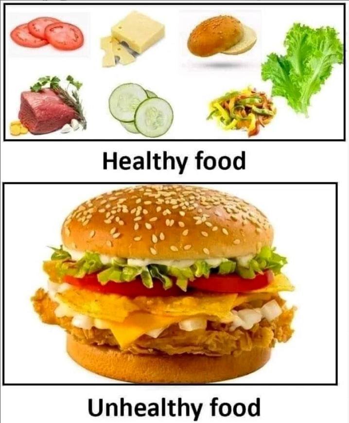 healthy - здоровый, полезный; 
food - еда; 
unhealthy - нездоровый, вредный