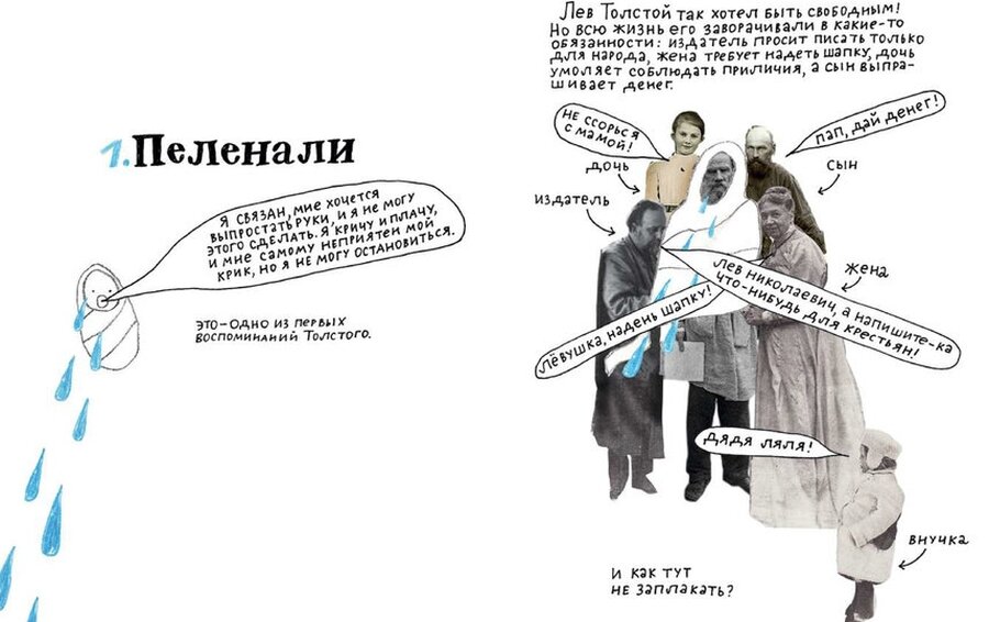 «Я связан, мне хочется выпростать руки, и я не могу этого сделать. Я кричу и плачу, и мне самому неприятен мой крик, но я не могу остановиться. Надо мной стоят, нагнувшись, кто-то… и крик мой действует на них: они тревожатся от моего крика, но не развязывают меня, чего я хочу, и я кричу еще громче. <…> Я чувствую несправедливость и жестокость нелюдей, потому что они жалеют меня, но судьбы и жалость над самим собою. <…> Мне хочется свободы, она никому не мешает, и меня мучают». Лев Толстой. «Моя жизнь» (1892)