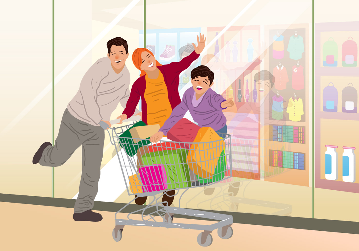 Хороший день для покупок. Покупатель иллюстрация. Семейный шоппинг. Нарисованный покупатель. Семья шоппинг вектор.