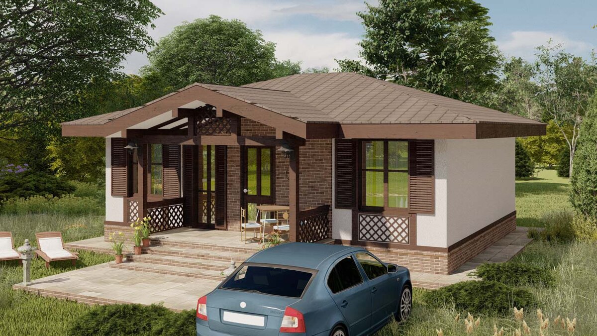 Коттедж выполнен в средиземноморском стиле. Он может органично смотреться как на открытом участке, так и в окружении сада или леса.