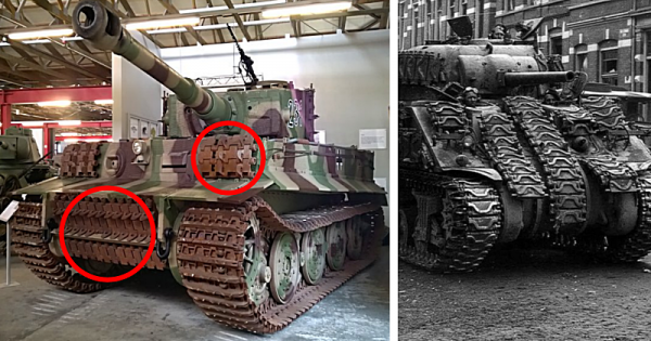 Обвешанный немецкий танк "Тигр" гусеничными траками