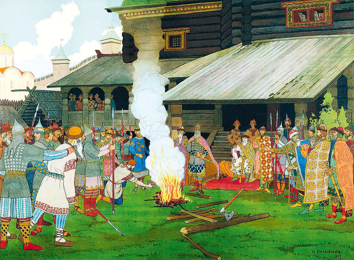Часто злодеев предавали огню.
Иллюстрация: Иван Билибин «суд во времена Русской Правды» (1909)