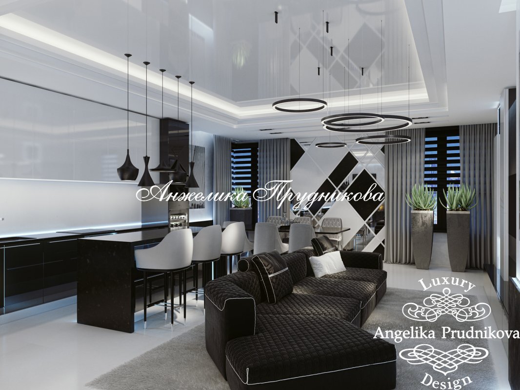 Стильная гостиная: чёрно-белые решения и элегантные детали в интерьере