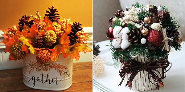 Самодельные букеты из шишек хороши и для осеннего, и для зимнего декора каминной. .Атмосферу в зоне отдыха легко изменить, добавив в вазу яркую листву или веточки хвои.