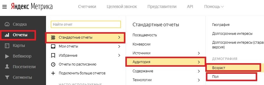 Стандартный отчет в Яндекс Метрике по полу и возрасту аудитории, посещающей сайт