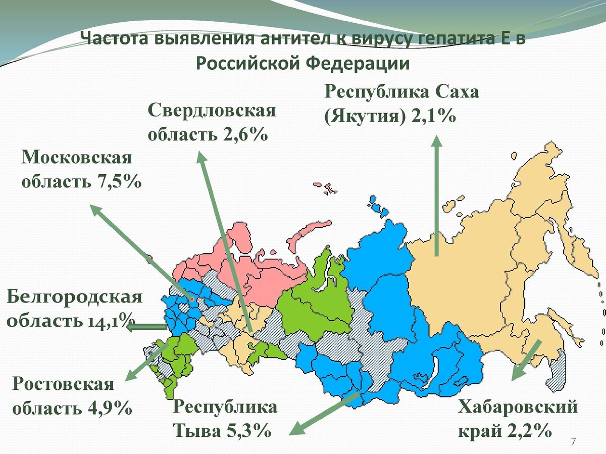 Рисунок 2. Частота выявления антител к гепатиту Е в России на 2014 год (по данным Е.Ю. Малинниковой).
