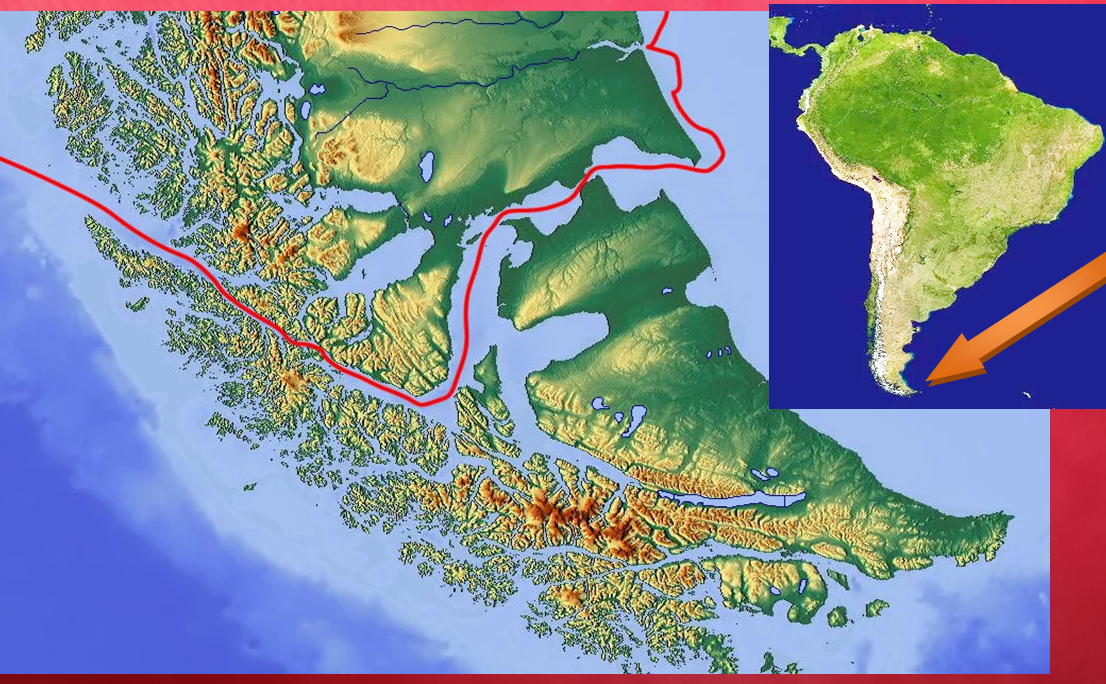 Географическое положение Огненной Земли. Красной линией отмечен Магелланов пролив.