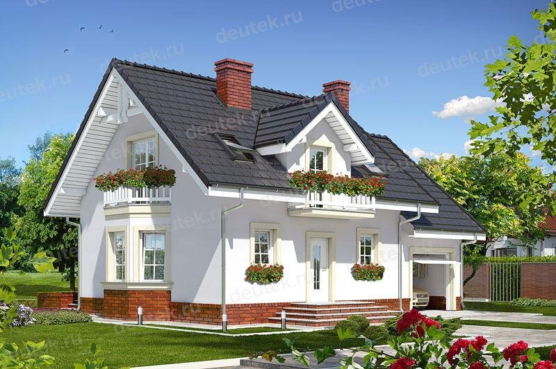 Проект двухэтажного дома 158 м2 из керамоблоков с гаражом, эркером, балконом и террасой - DTV100105