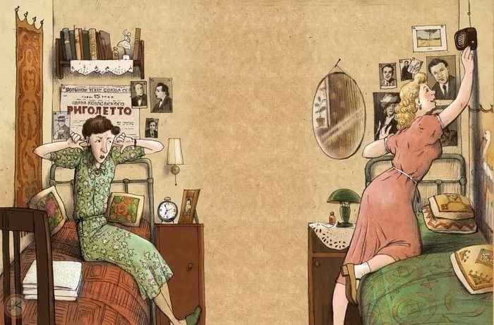 Вышитые подушки на кроватях и салфетки на книжной полке и прикроватной тумбе. Екатерина Бауман, иллюстратор из Санкт-Петербурга. " Таланты и поклонницы. Козловский vs Лемешев."