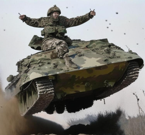 Такую вот задорную и несуразную картинку выдал мне ИИ на запрос «полёт на БМП» 😁