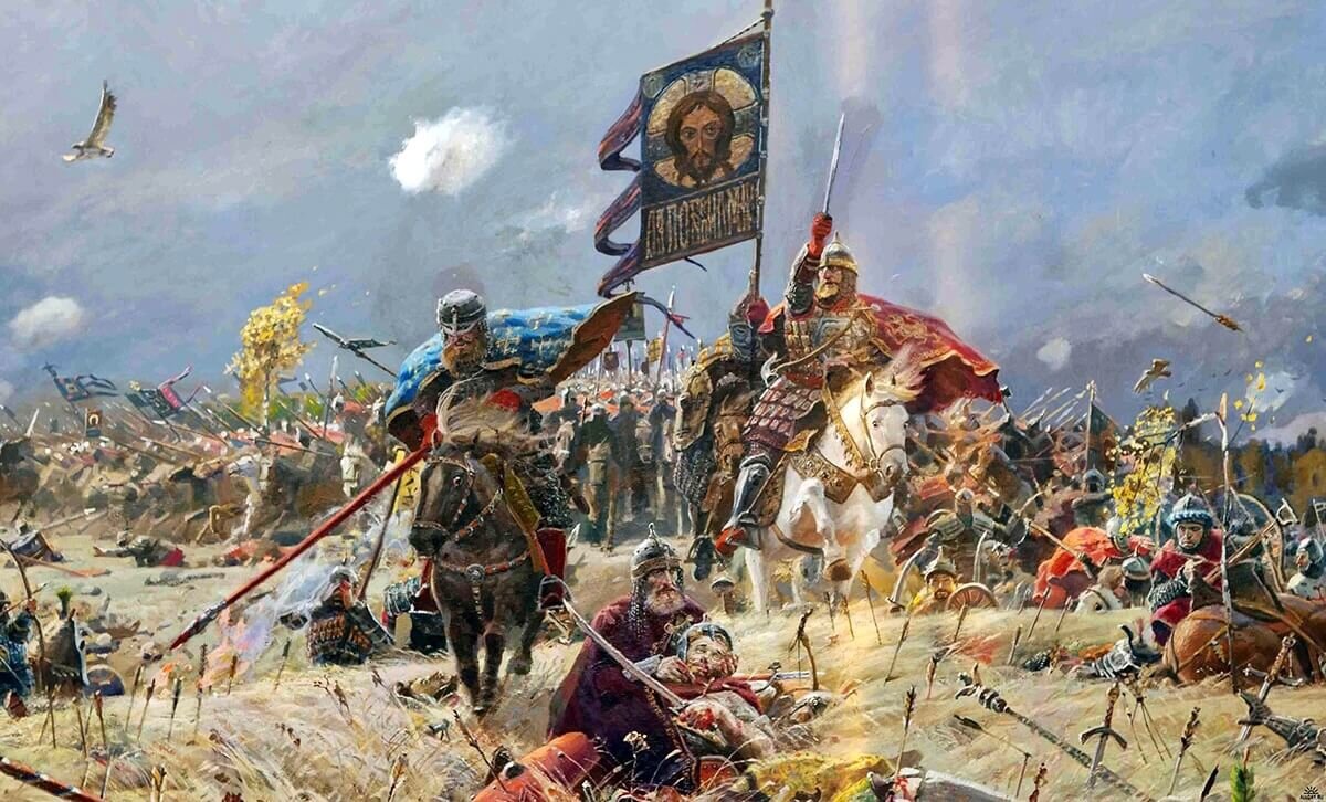 Картина Павла Рыженко, посвящённая атаке засадного полка в Куликовской битве.