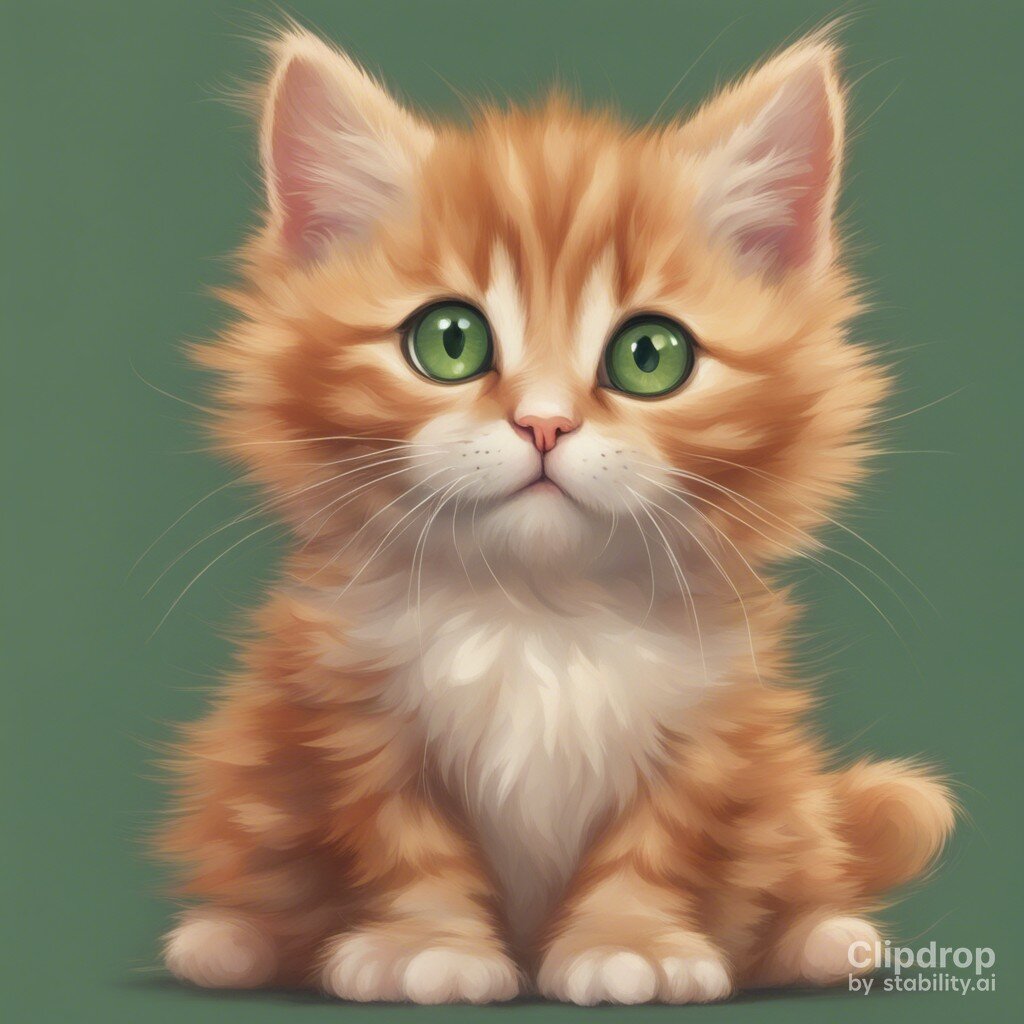 Промт: Cute fluffy ginger kitten with big green eyes and little ears, cartoon style, hyperrealistic, 16k, Clipdrop.ai