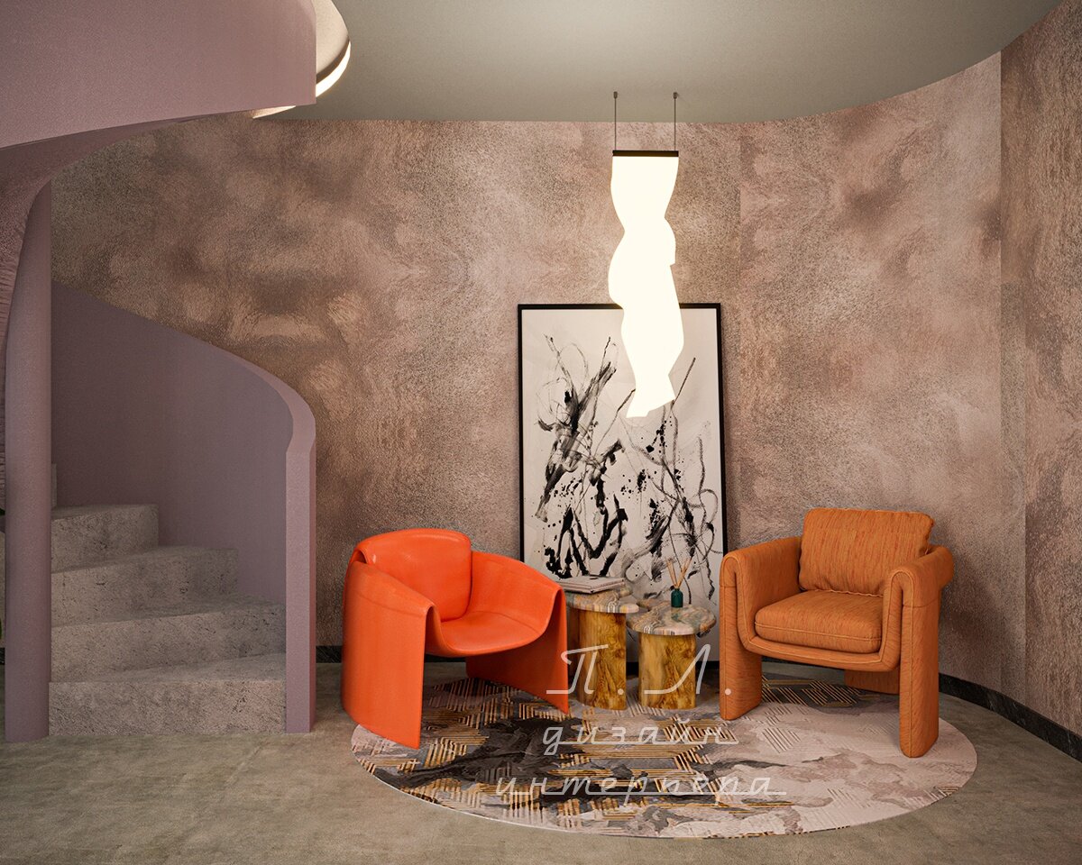 Дизайн интерьера дома с переходом от нейтрального до яркого в цвете стен и мебели