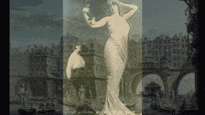 Девушка  - это великанша начла века.А вот картина нарисована художником работавшим в стиле "ведута". эти товарищи отображали жизнь такой , как она есть . Без прикрас и фантазий. И с перспективой все у них было хорошо. Однако гандольеры  таки великоваты.