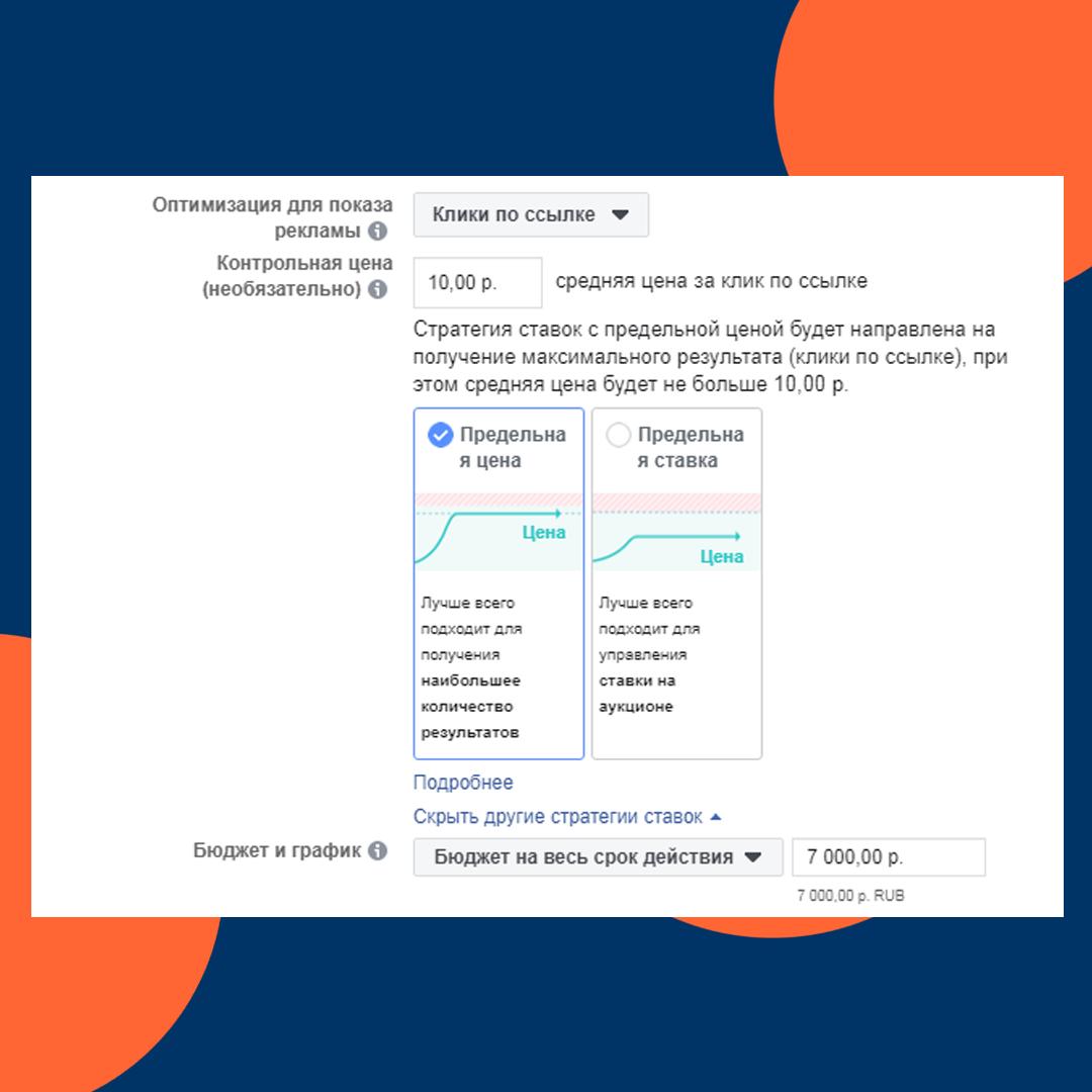 Приветствую, ребята! У многих таргетологов так и чешутся руки попробовать ручную ставку в Facebook. Делюсь безопасной и работающей связкой. Все изменения производятся исключительно в оптимизированных кампаниях. Если вас устраивает CPA в данной кампании, можно установить предельную цену за результат.

Как определить предельную цену? Например ваш CPA - 10 рублей. Умножайте свой CPA на 2,5-3 это и будет ваша предельная цена. Фиксируйте в действующей кампании предельную цену 25-30 рублей. Опубликовывайте! Связка подойдёт для работы в долгую с хорошим бюджетом.

Что это даёт?
Вы получите стабильный результат по оптимальной цене. Который будет 10 рублей а может и меньше. Ниже скриншот моей кампании с вышеперечисленными настройками.